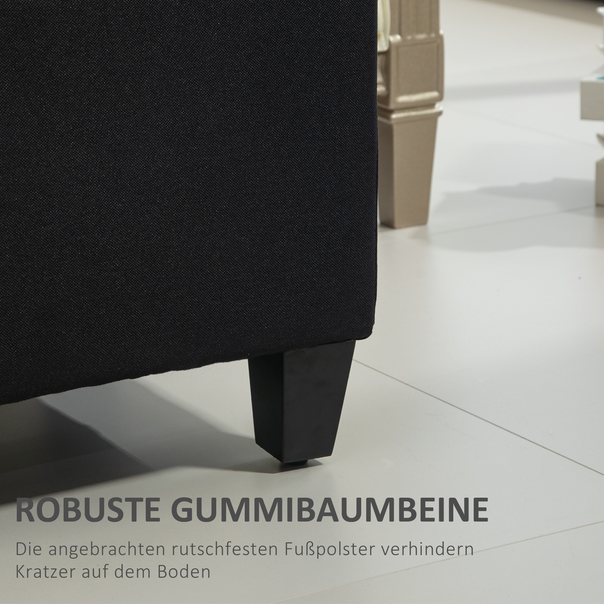 Sitzbank mit Stauraum, Truhenbank, leinenartiges Polyester, Kautschukholz, Schwarz, 100 x 40 x 44 cm