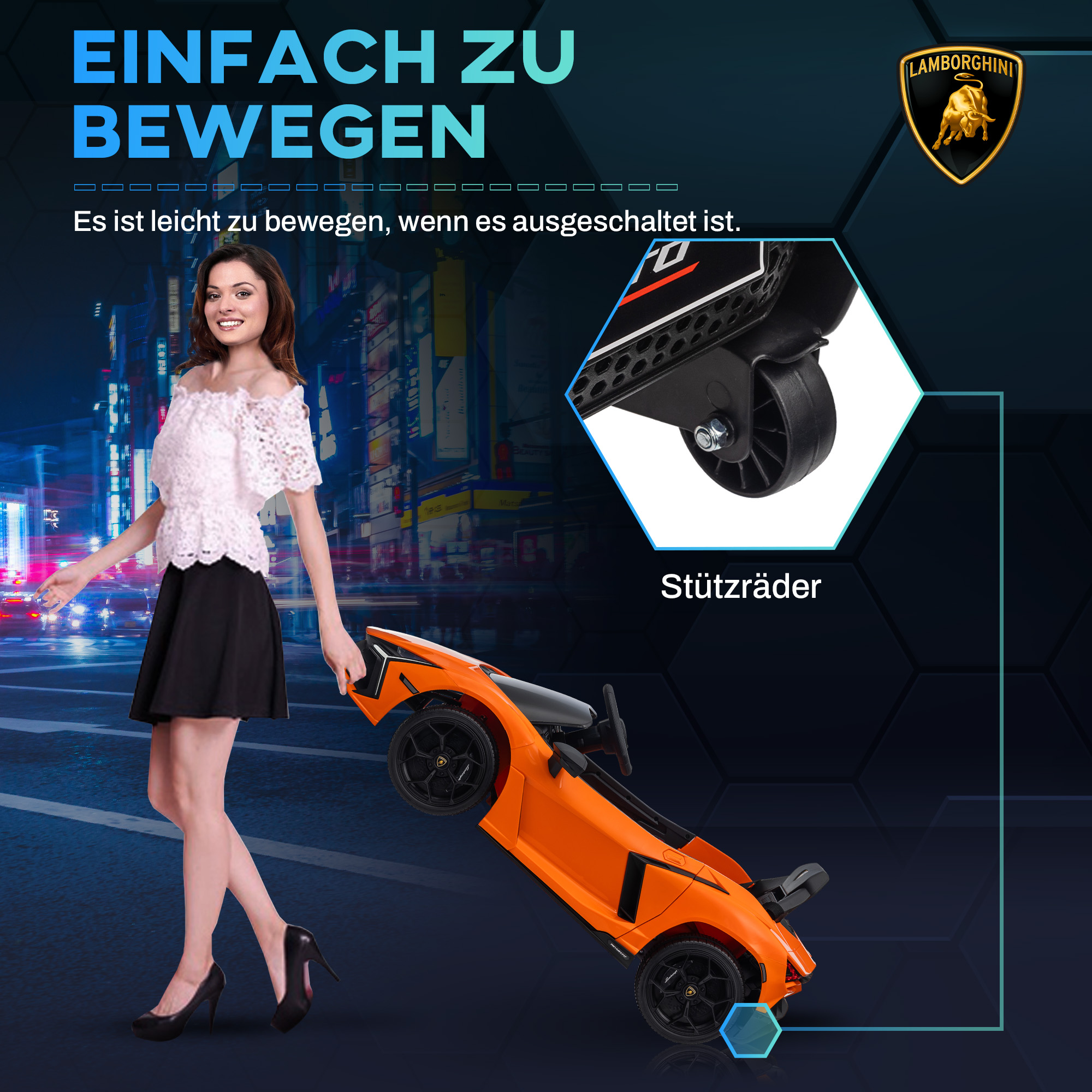 Elektroauto für Kinder von 3-5 Jahren, sanfter Antrieb, fernsteuerbar, mit Hupe, Kunststoff und Metall, Orange