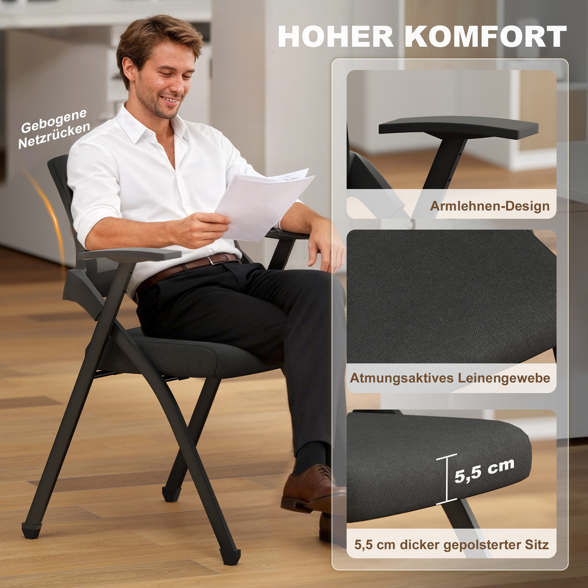 2er Set Klappstuhl Campingstuhl mit Netzrückenlehne, Klappbar Bürostuhl mit Stahlrahmen für Gäste, Büro, Schwarz