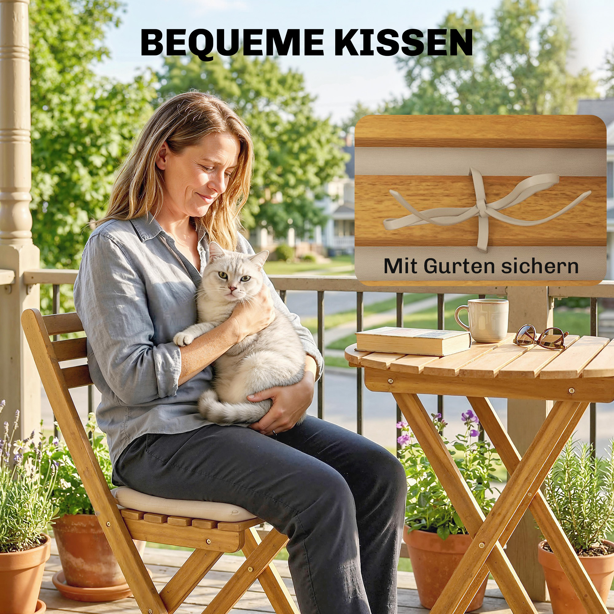 Balkonmöbel Set 3 teilig FSC Holz klappbar Gartenmöbel Set mit runder Tisch 2 Stühle Sitzkissen Atmungsaktiv Lamellsitz