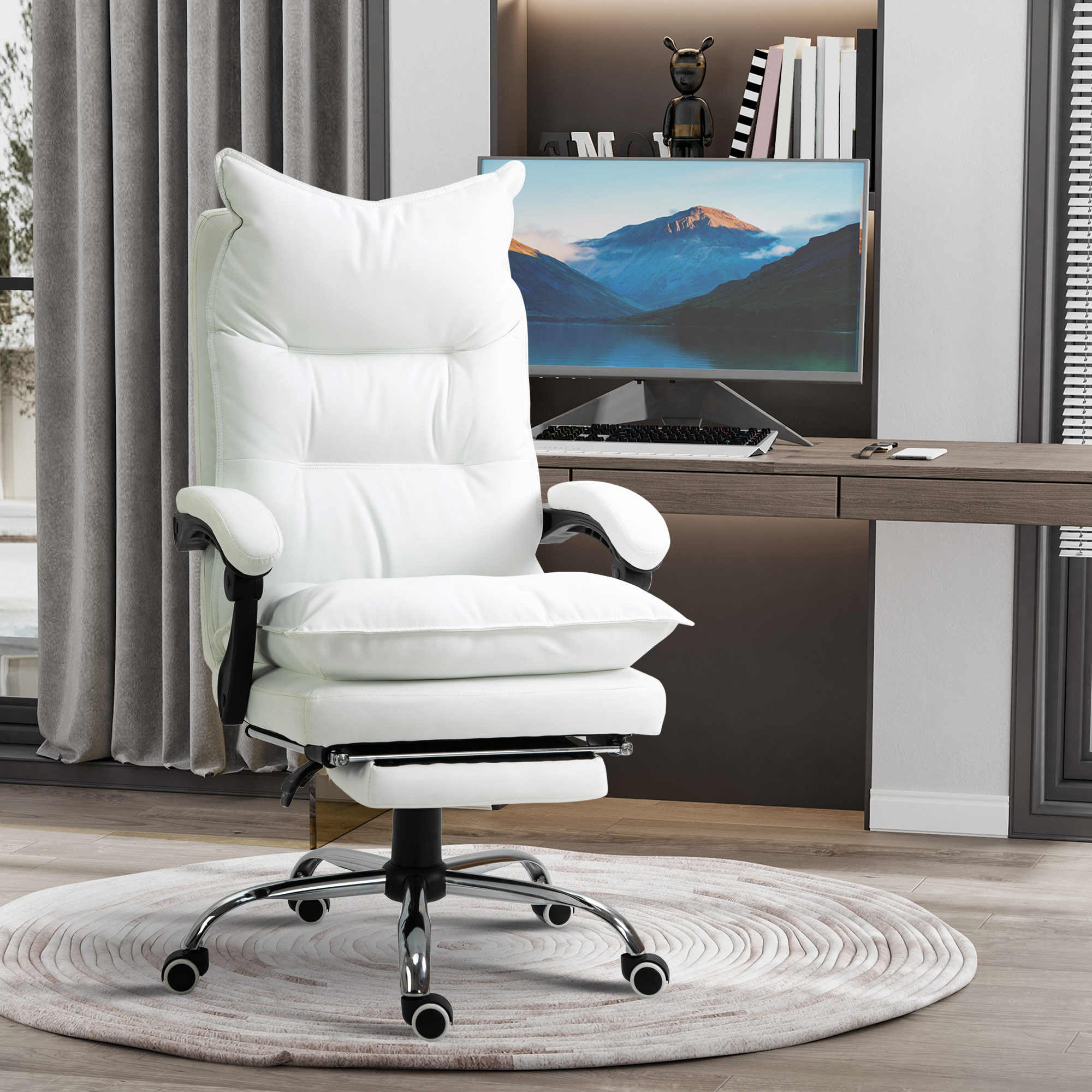 Bürostuhl mit Liegefunktion, ergonomisch höhenverstellbar  mit Fußstütze, gepolstert, bis 135 kg belastbar, 66 x 72 x 122-130 cm, Weiß