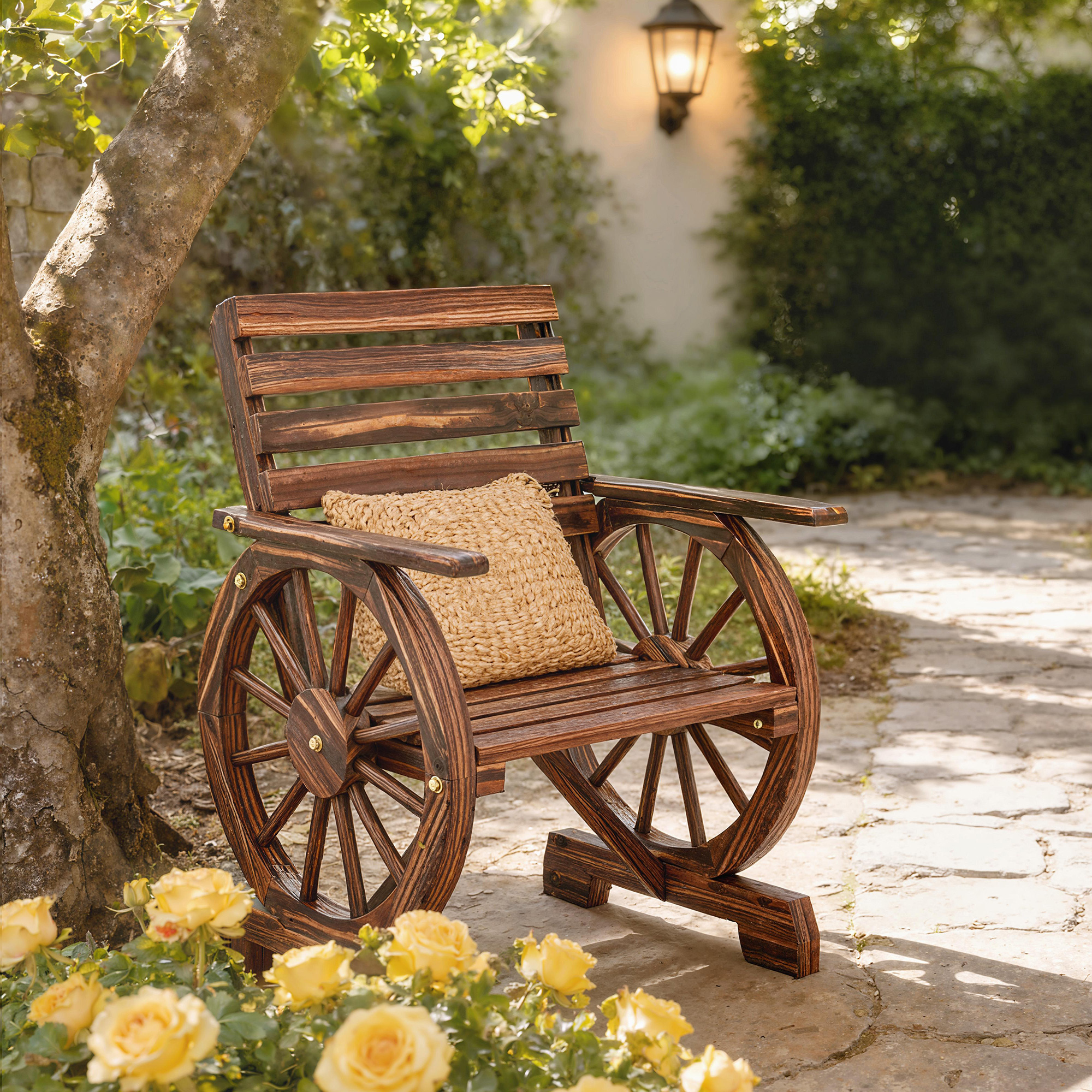 Gartenstuhl Holz Gartensessel mit Wagenräder-Design, Holzstuhl im Landhausstil Verkohlt