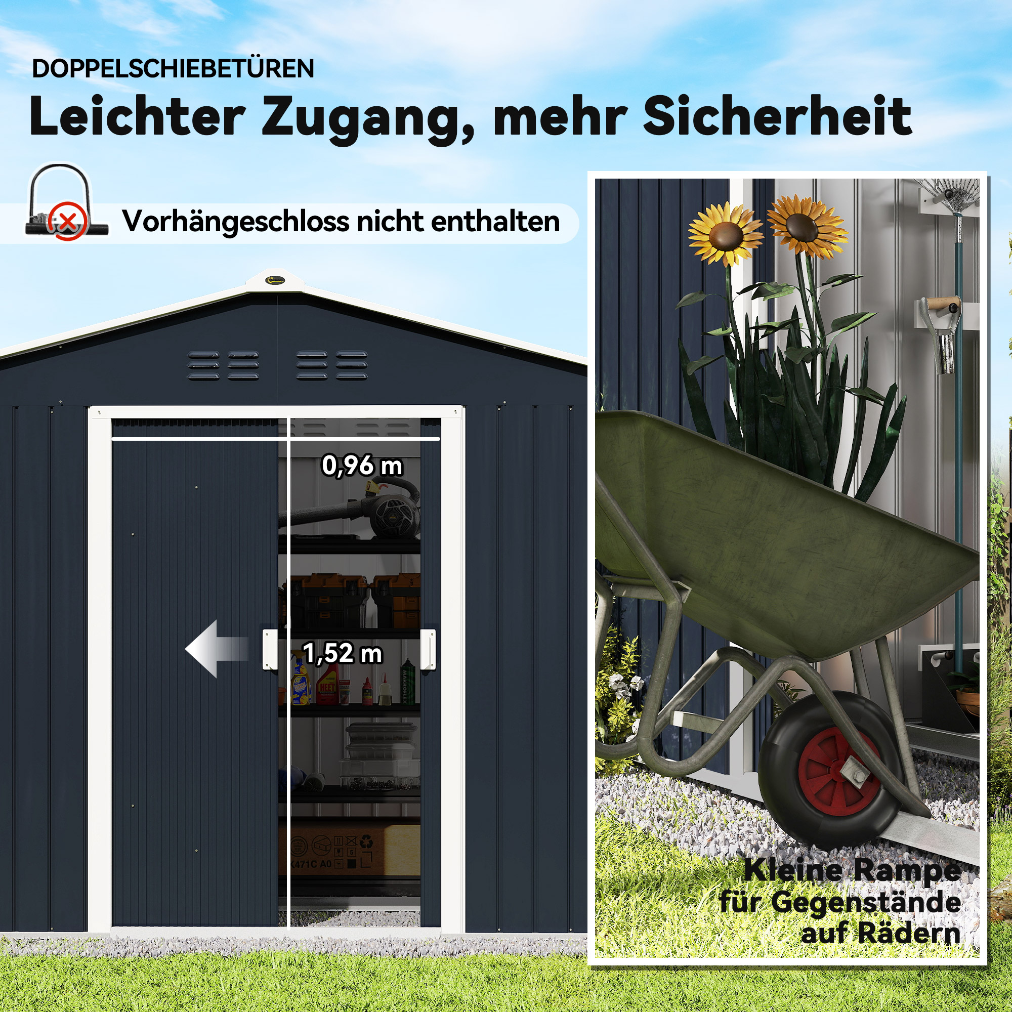 Geräteschuppen aus Metall mit Schiebetüren und Belüftungsfenstern, 277 x 195 x 192 cm, Dunkelgrau