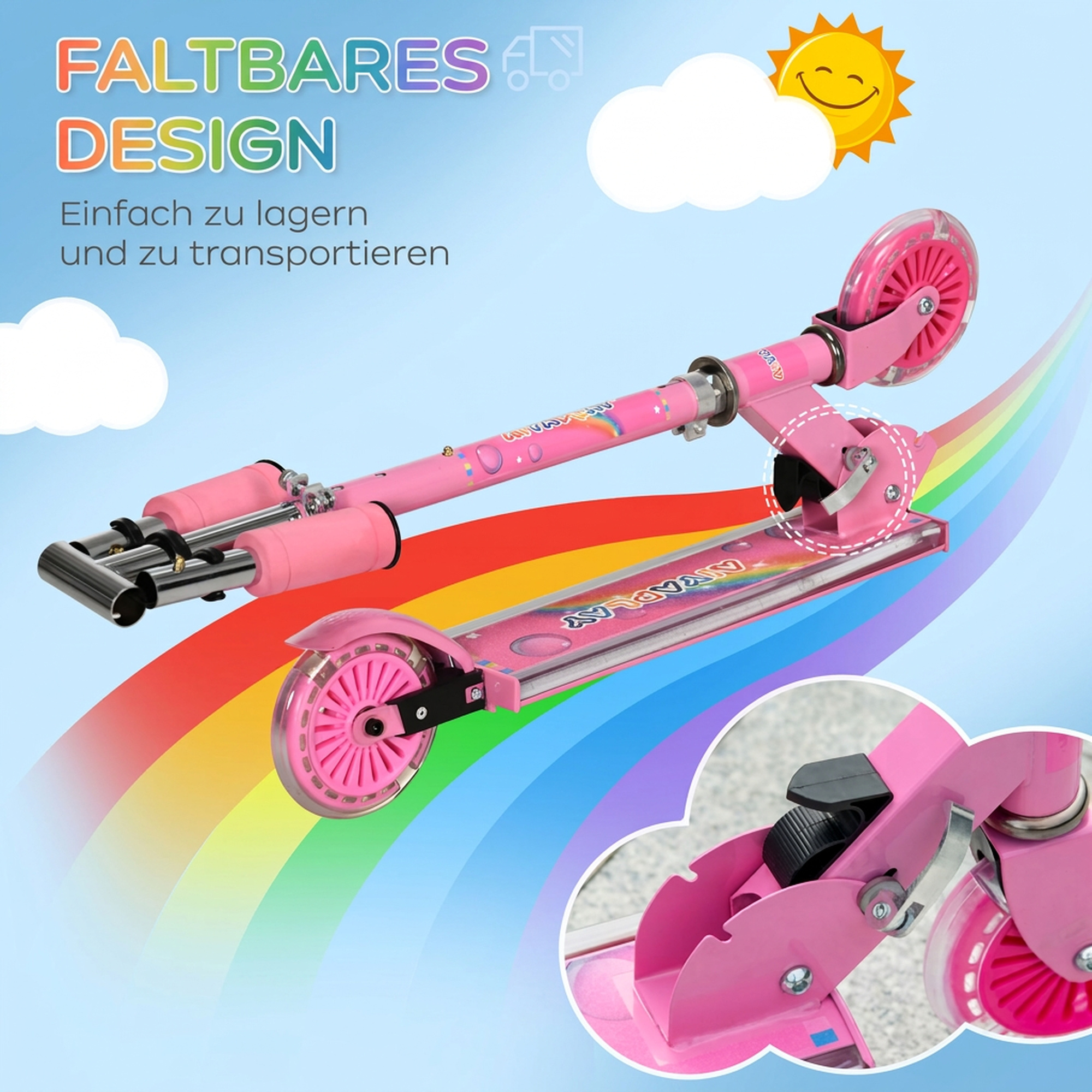 Roller Kinder Scooter mit LED Rädern 124 mm Rollen klappbarer Höhenverstellbar mit Musik Hinterradbremse Rosa