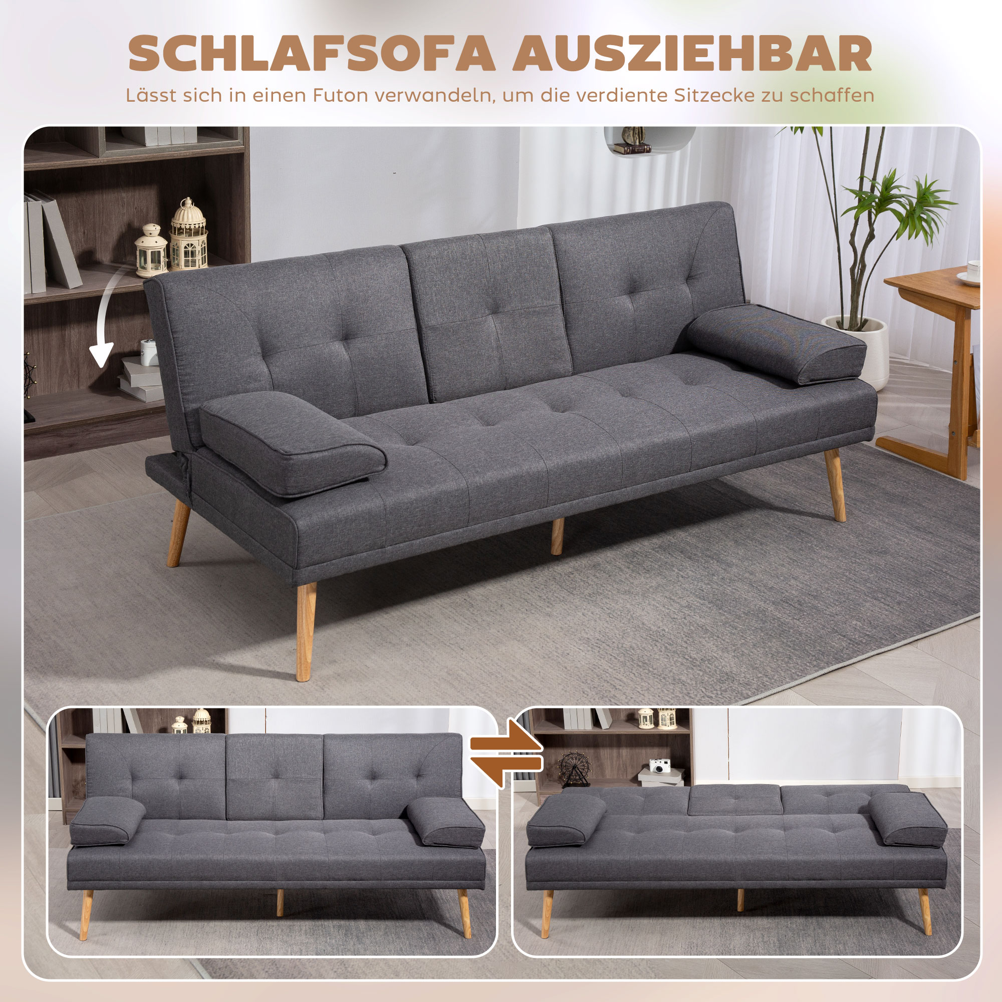 Schlafsofa im Skandi-Design, 3-Sitzer-Sofa, 2 Kissen, Grau + Natur