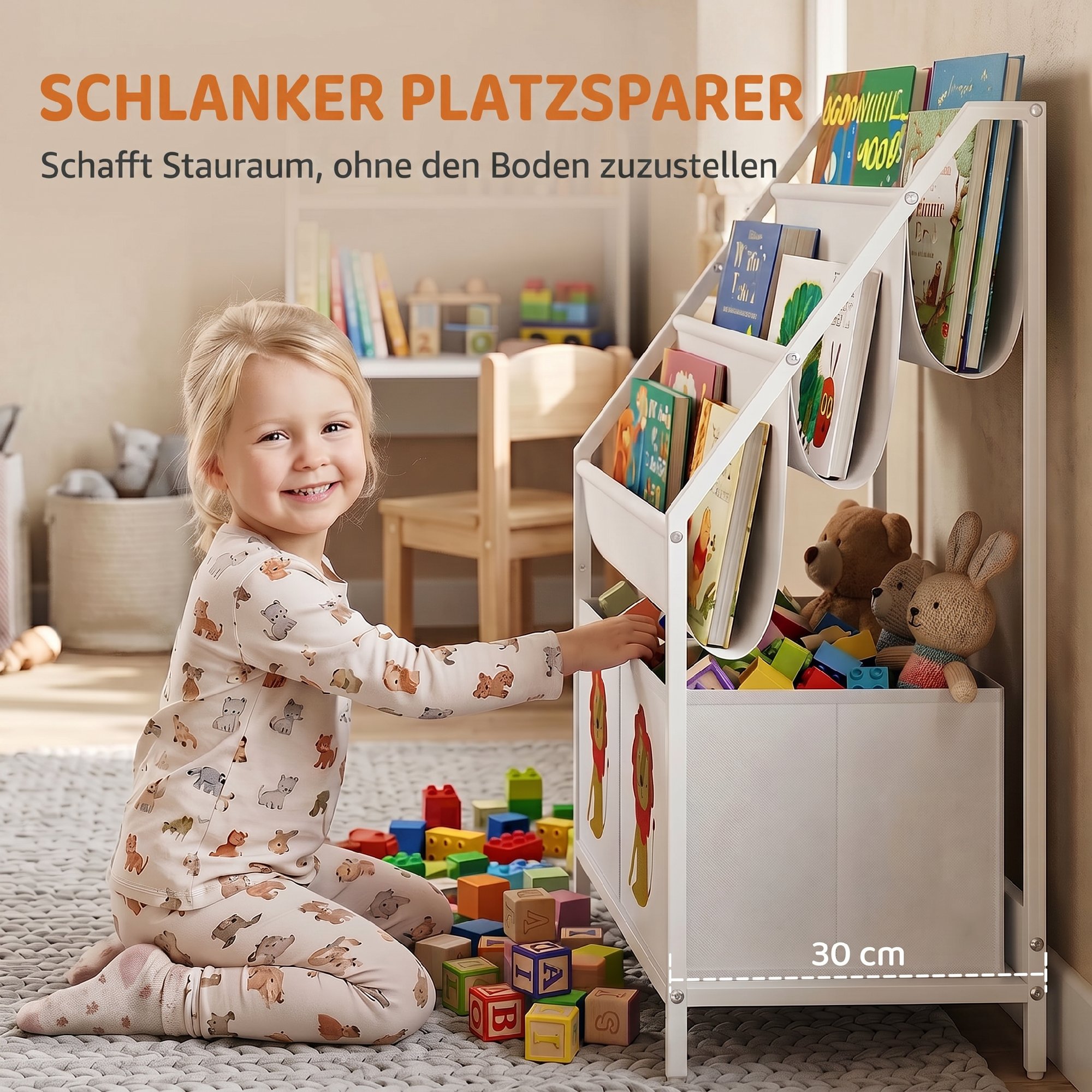Bücherregal für Kinder Kinderregal mit 2 offenen Fächer 3 Hängeregale 60 x 30 x 76 cm Weiß