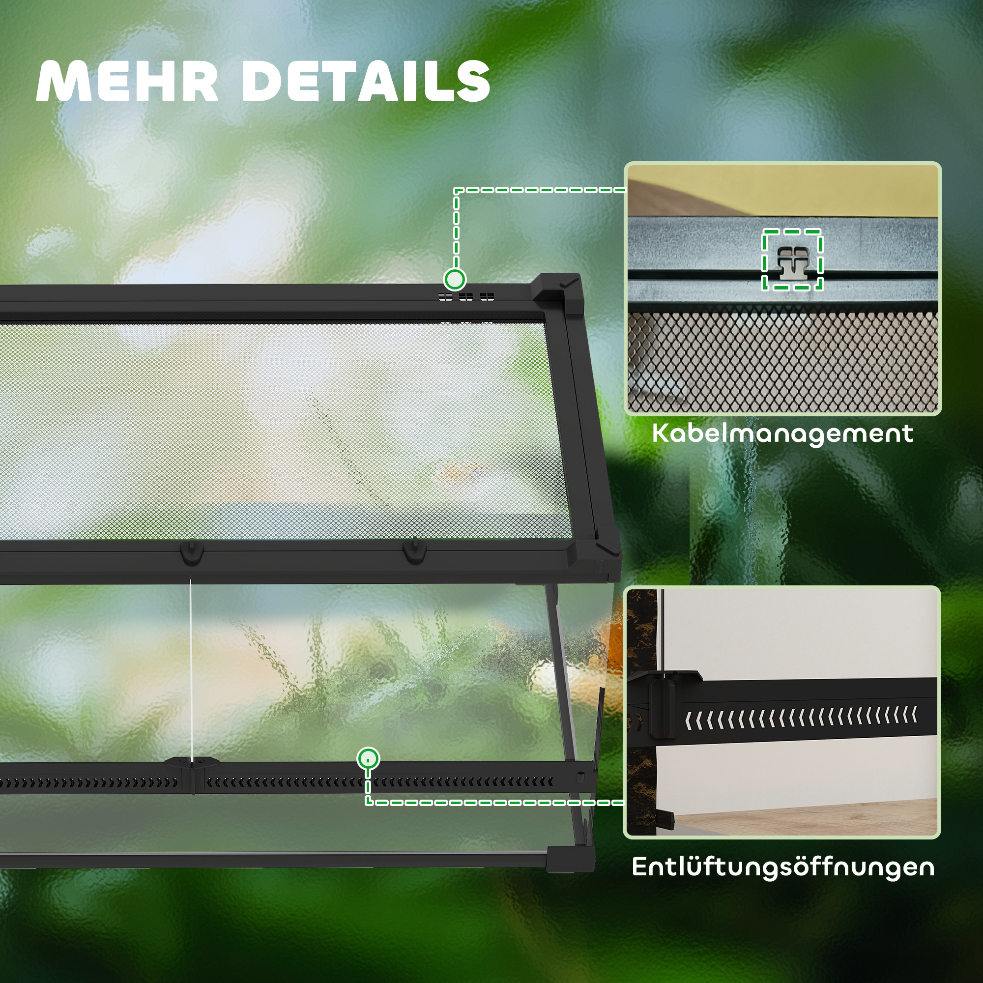 Glas-Terrarium für Reptilien, erhöhter & wasserdichter Boden, Knopfschloss