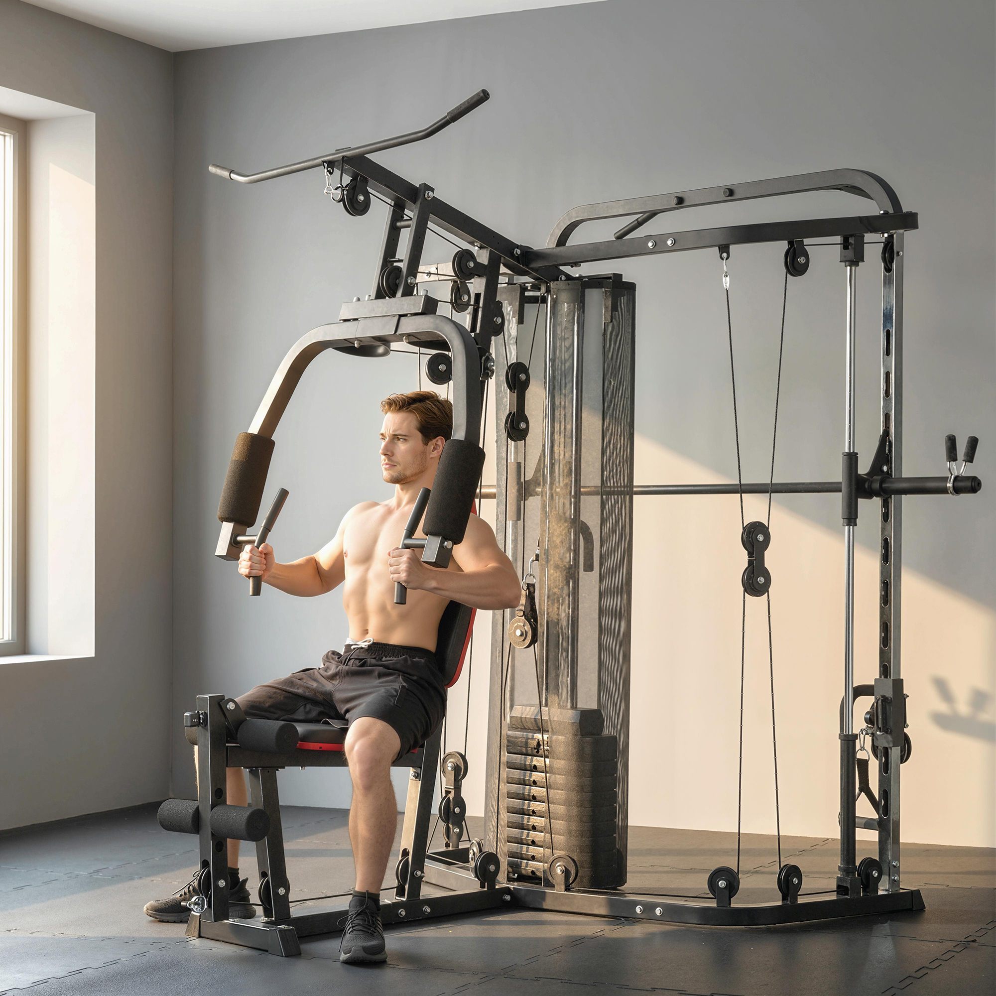 Kraftstation Fitnessstation mit 65kg Gewichten, Latzug, Butterflystange, verstellbar Preacher Bank, Beintrainer