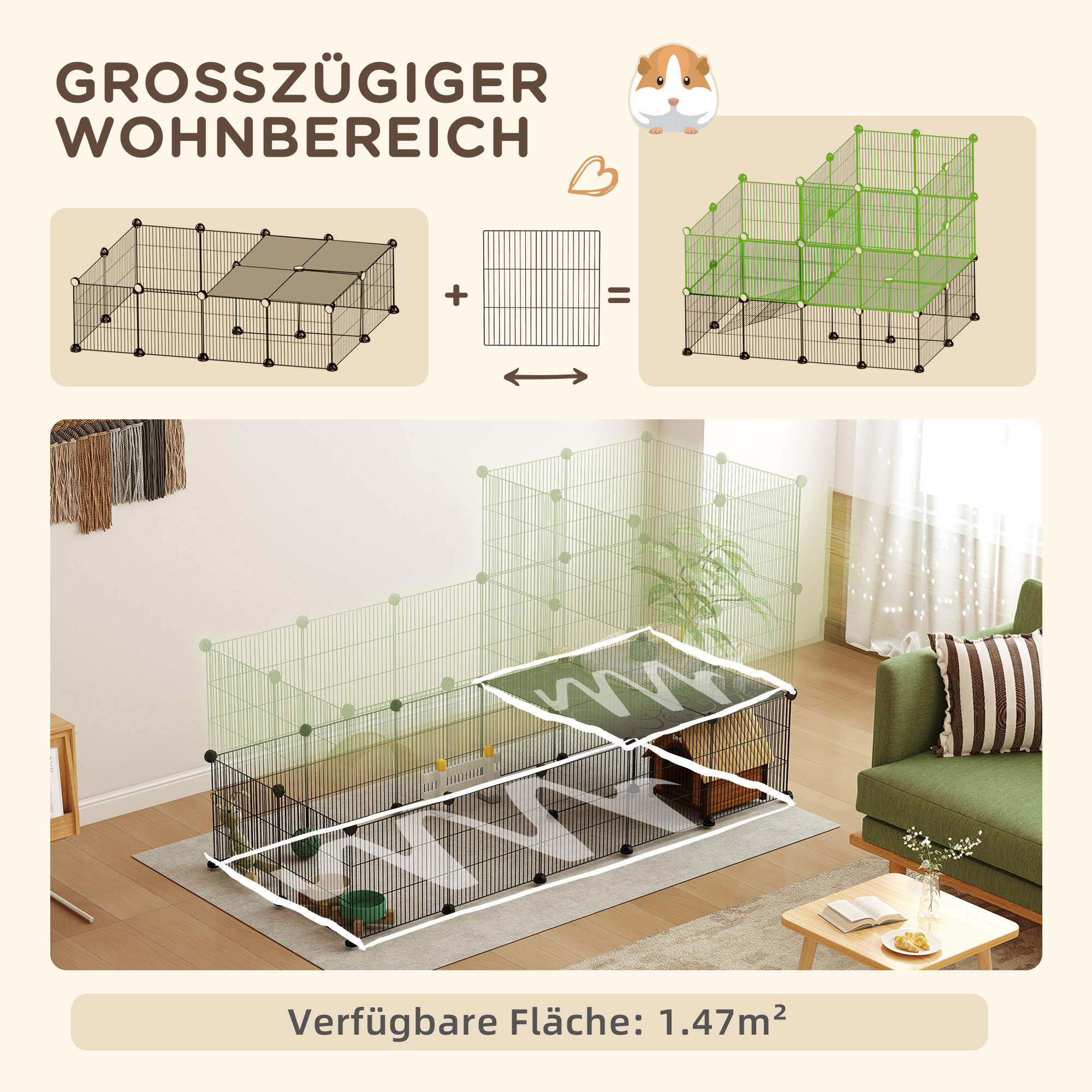 Gehege für Zwergkaninchen, 39-Paneel-Stall für kleine Haustiere, mit Rampe, für Kleintiere, Indoor, Schwarz