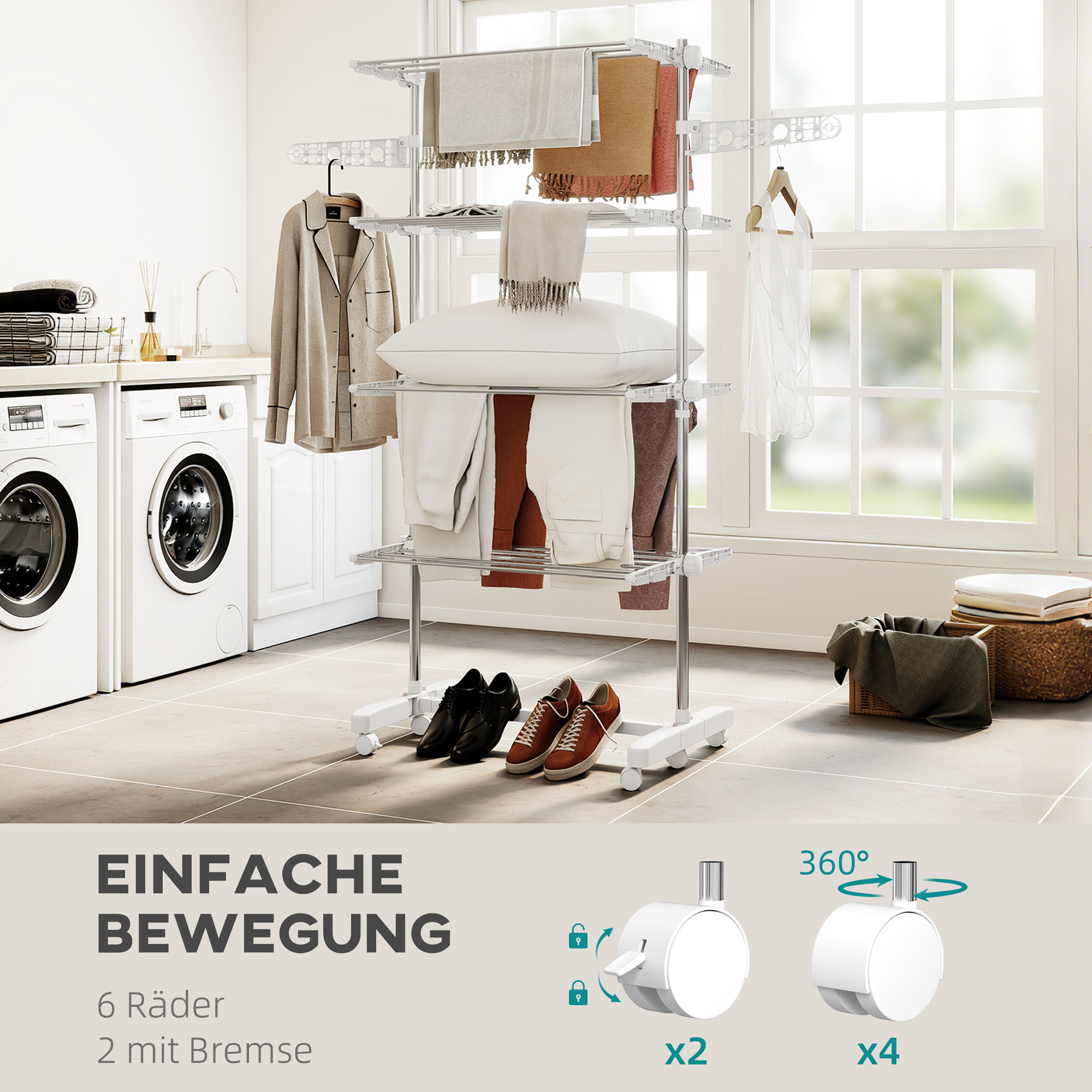 Mobiler Wäscheständer mit Rollen, 4 Ebenen, klappbar, Edelstahl, rostfrei, weiß+silber, 142 x 55 x 172 cm