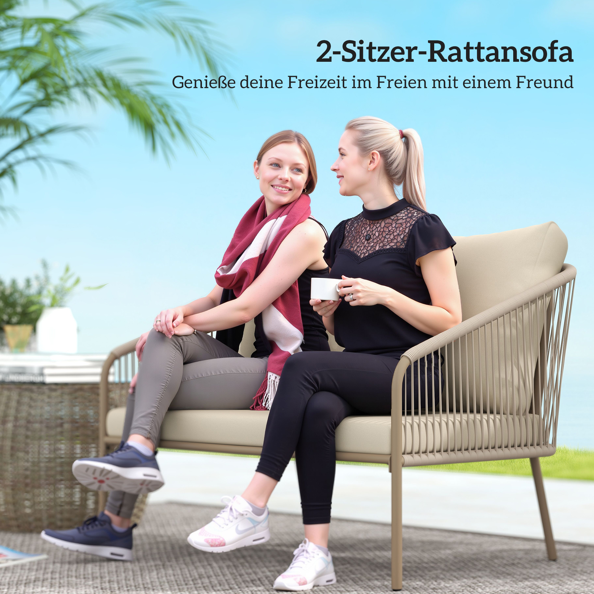 2-Sitzer Rattansofa  mit Kissen Loungesofa Sitzgruppe, Wetterfest Couch Beige