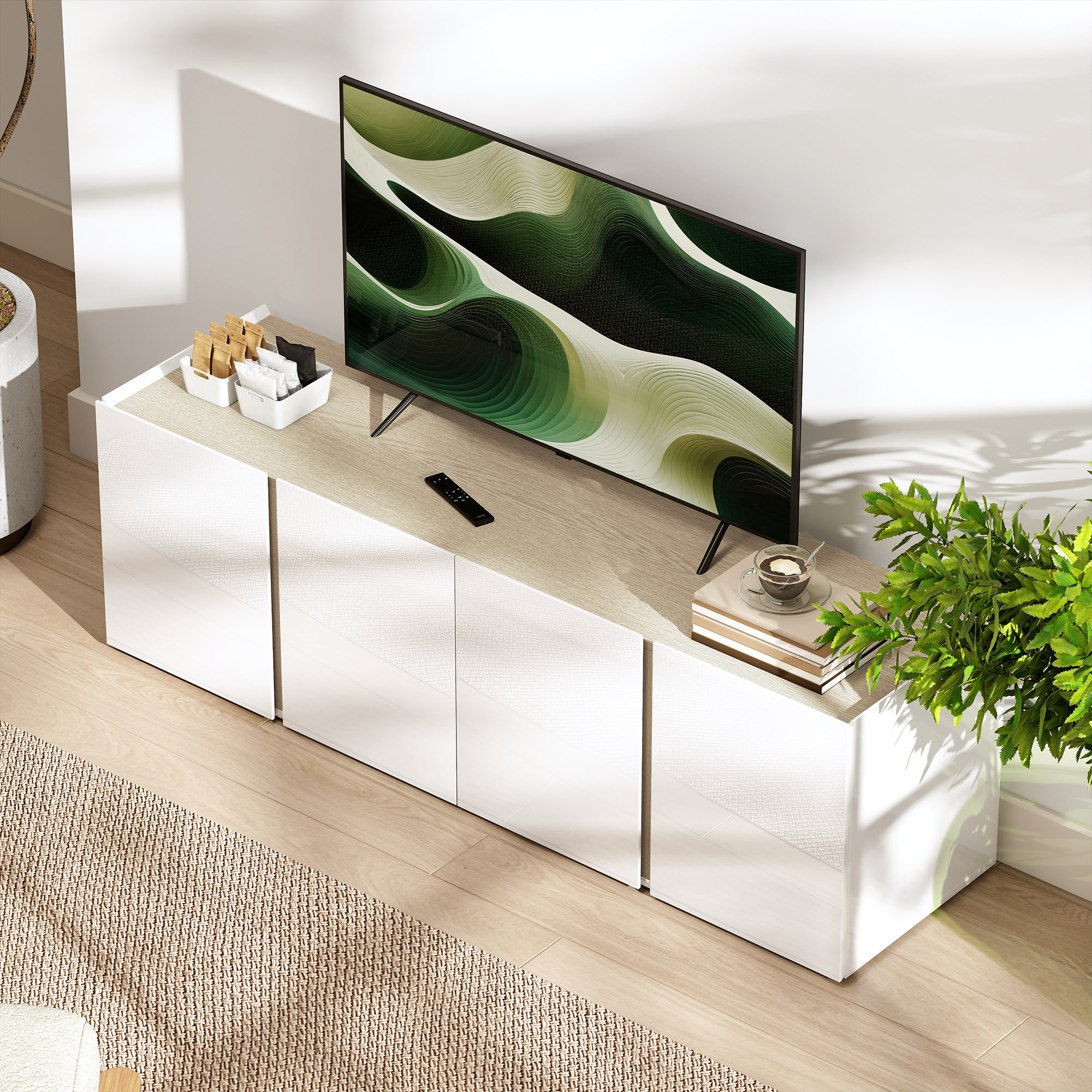 TV-Kommode für 65-Zoll-Fernseher, Fernseh-Schrank mit Soft-Close-Türen, anpassbare Regale, Kabellöcher, für Wohnzimmer, Weiß