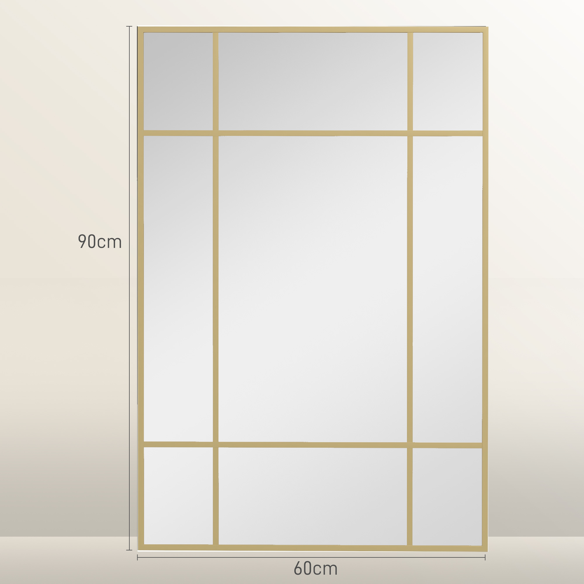 Wandspiegel, dekorativer Spiegel mit Metallrahmen, goldfarbene Streifen, Mehrschichtglas, 90B x 2T x 60H cm