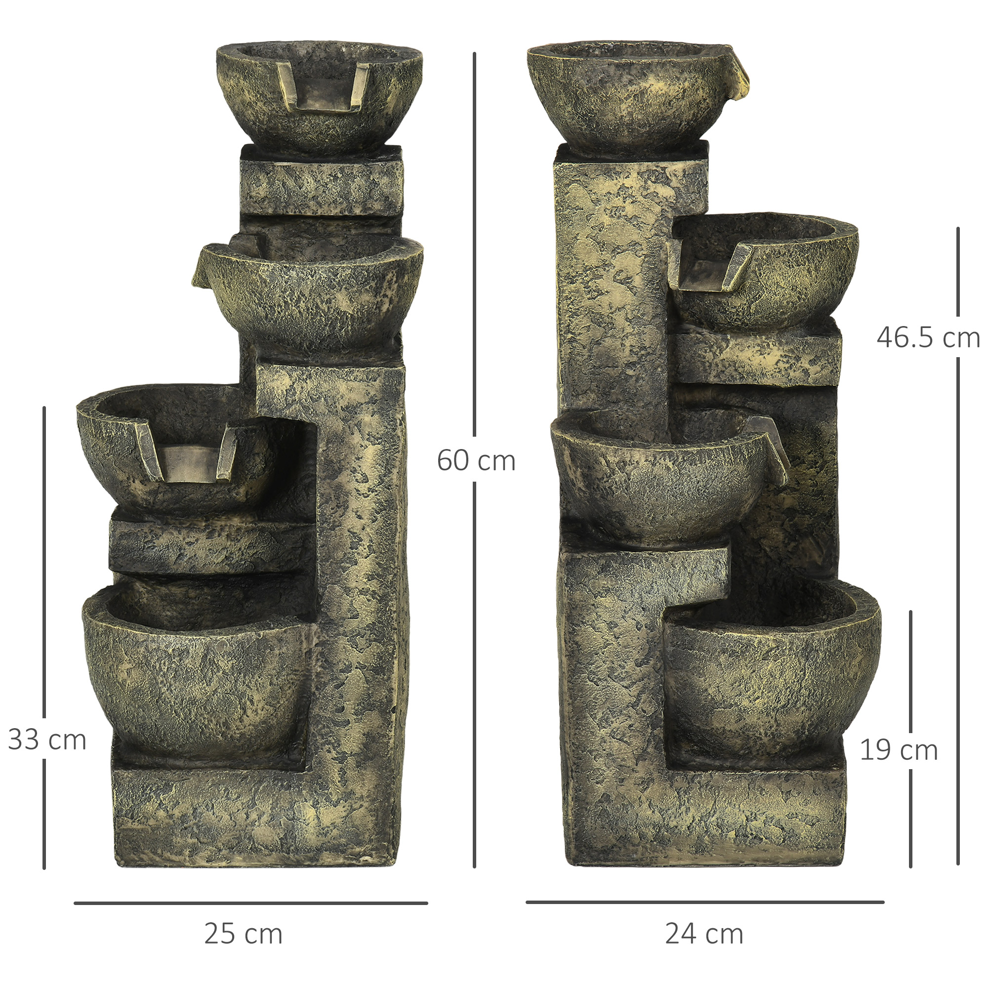 Springbrunnen, 3 Einstellungen, wetterbeständig, 25 cm x 24 cm x 60 cm, Grau