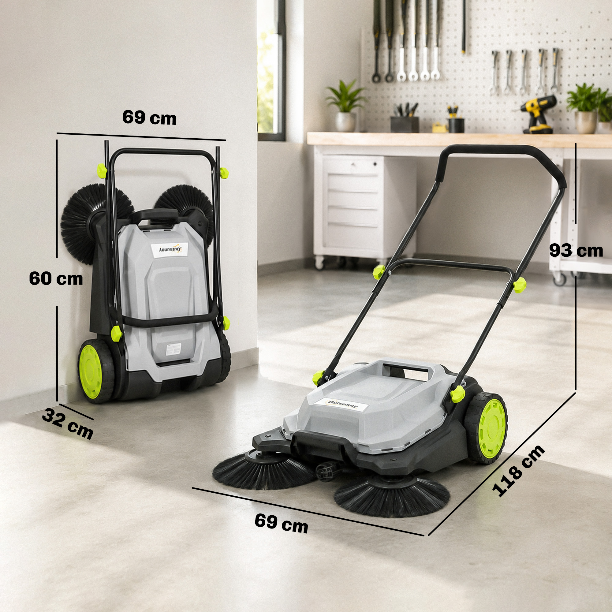 Kehrmaschine manuell mit 68 cm Kehrbreite, 24 L Schmutzbehälter, Höhenverstellbar klappbar Griff 3-Bürsten-Kehrsystem