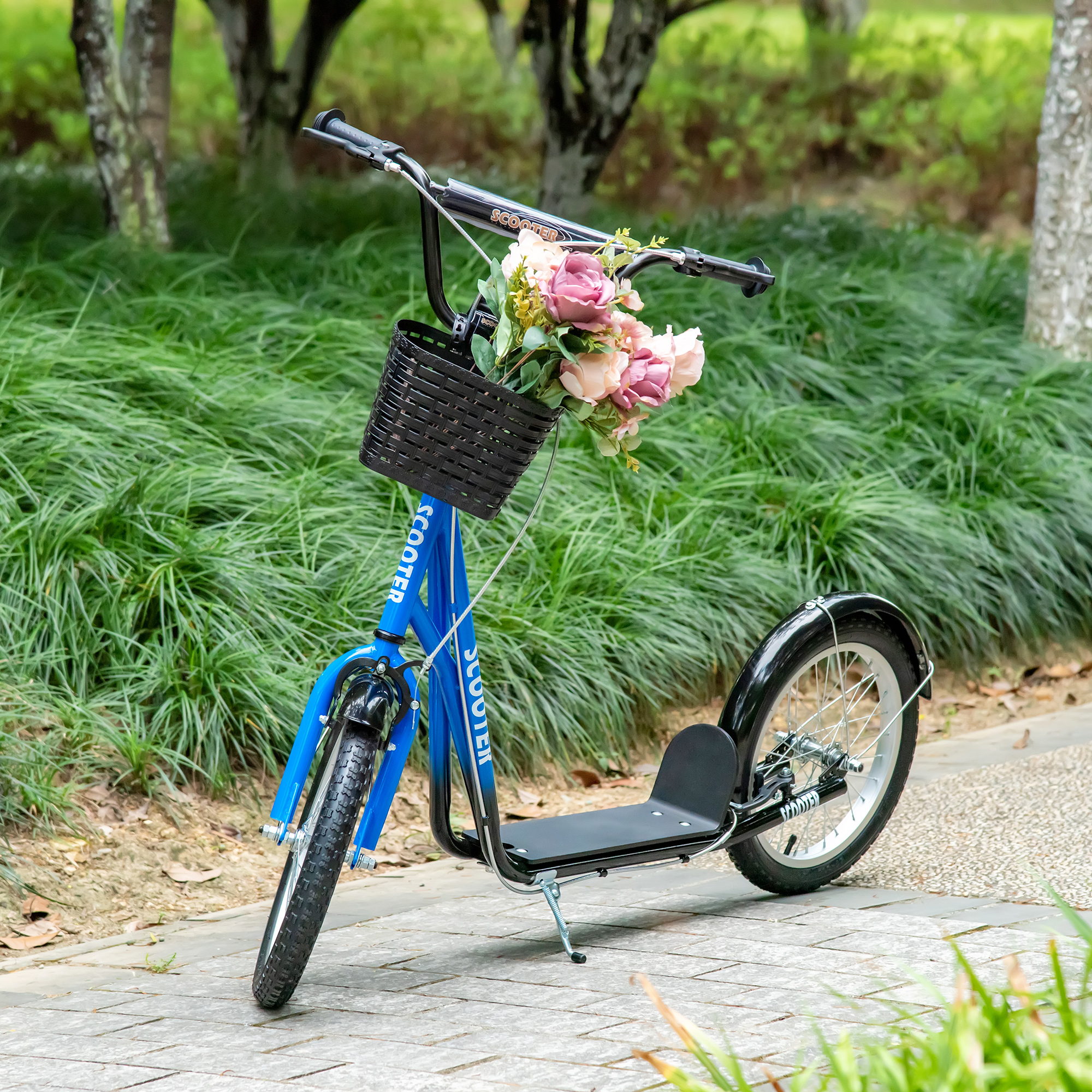 Kinderroller, Scooter mit Bremse, inkl. Korb, höhenverstellbar, für Kinder 5-12 J., blau+schwarz