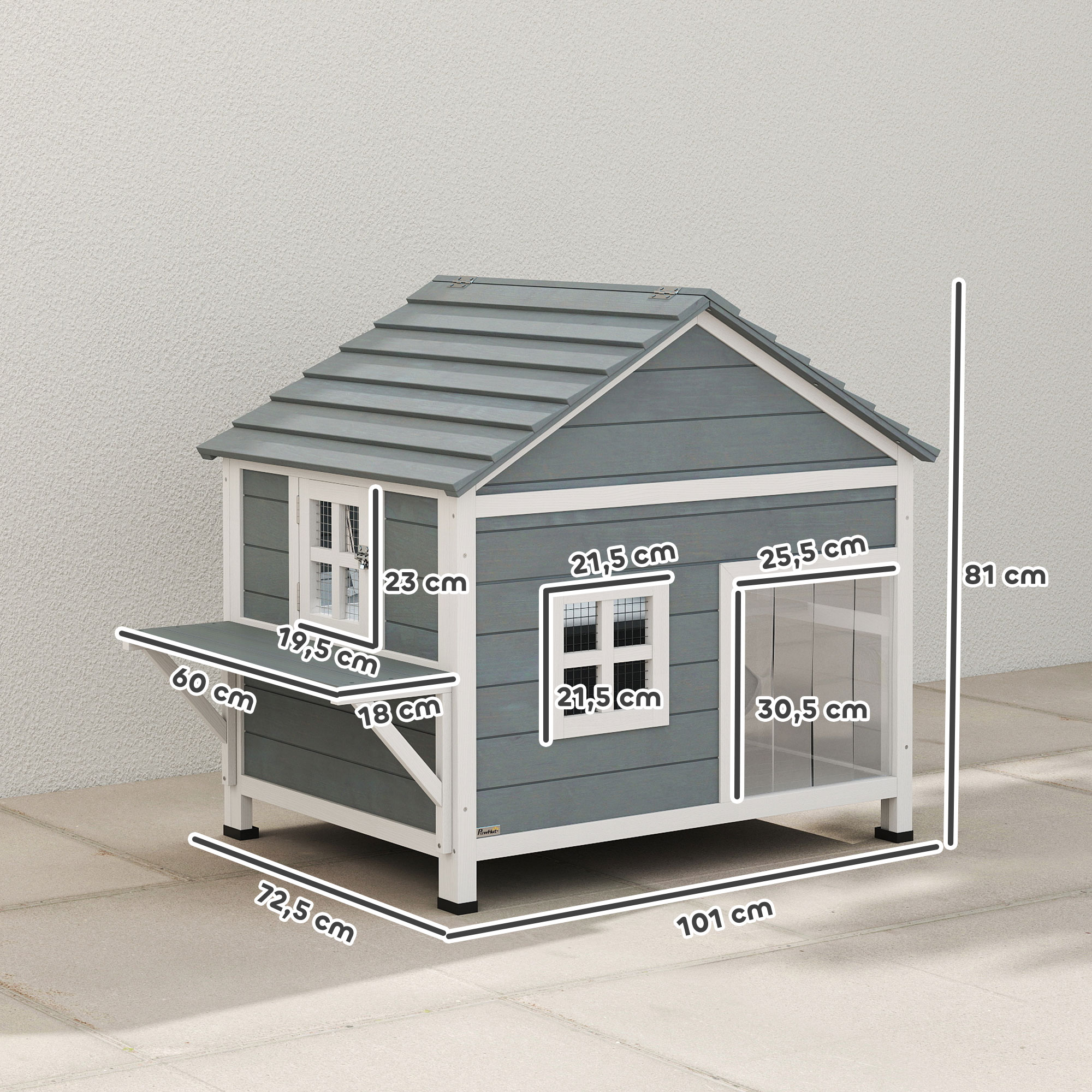 Katzenhaus aus Holz 2-Etagen Katzenhöhle mit wasserdicht aufklappbar Dach, seitlicher Plattform, 101x72,5x81cm, Grau