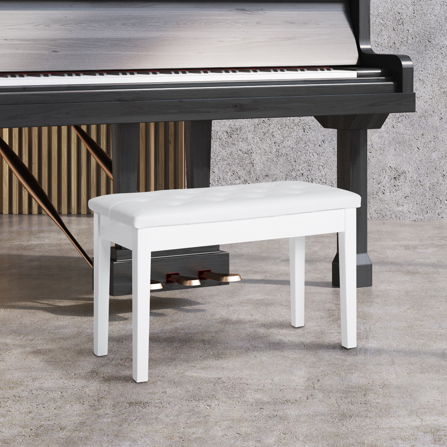 Klavierhocker, Klavierbank mit Verstecktem Stauraum, Klavierstuhl mit Kunstleder Kissen, Pianobank, Massivholz Keyboardbank für Piano, Keyboard, 76 x 36 x 50 cm, Weiß