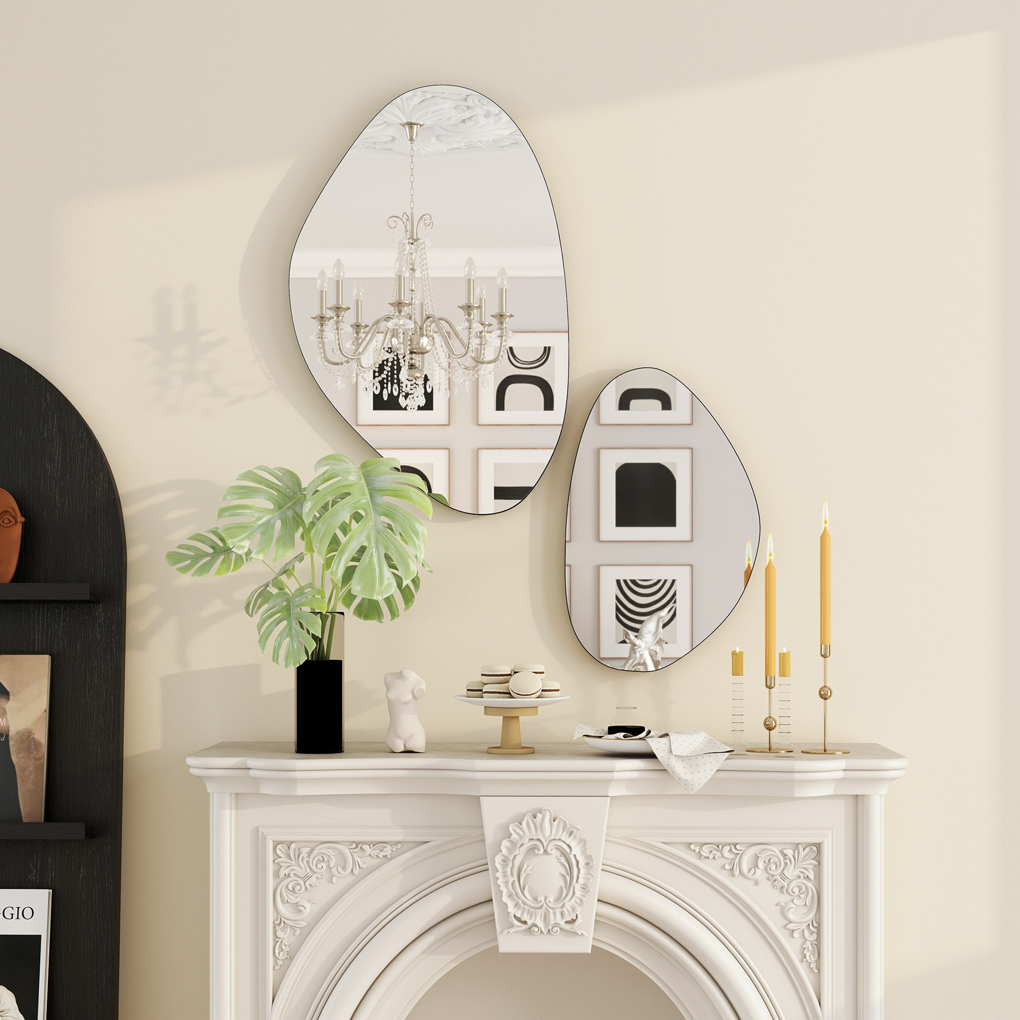 Wandspiegel 2er-Set 70 x 46 cm, 49,5 x 31 cm Fenster Spiegel mit Metallrahmen Hängespiegel in Kieselform, Schwarz