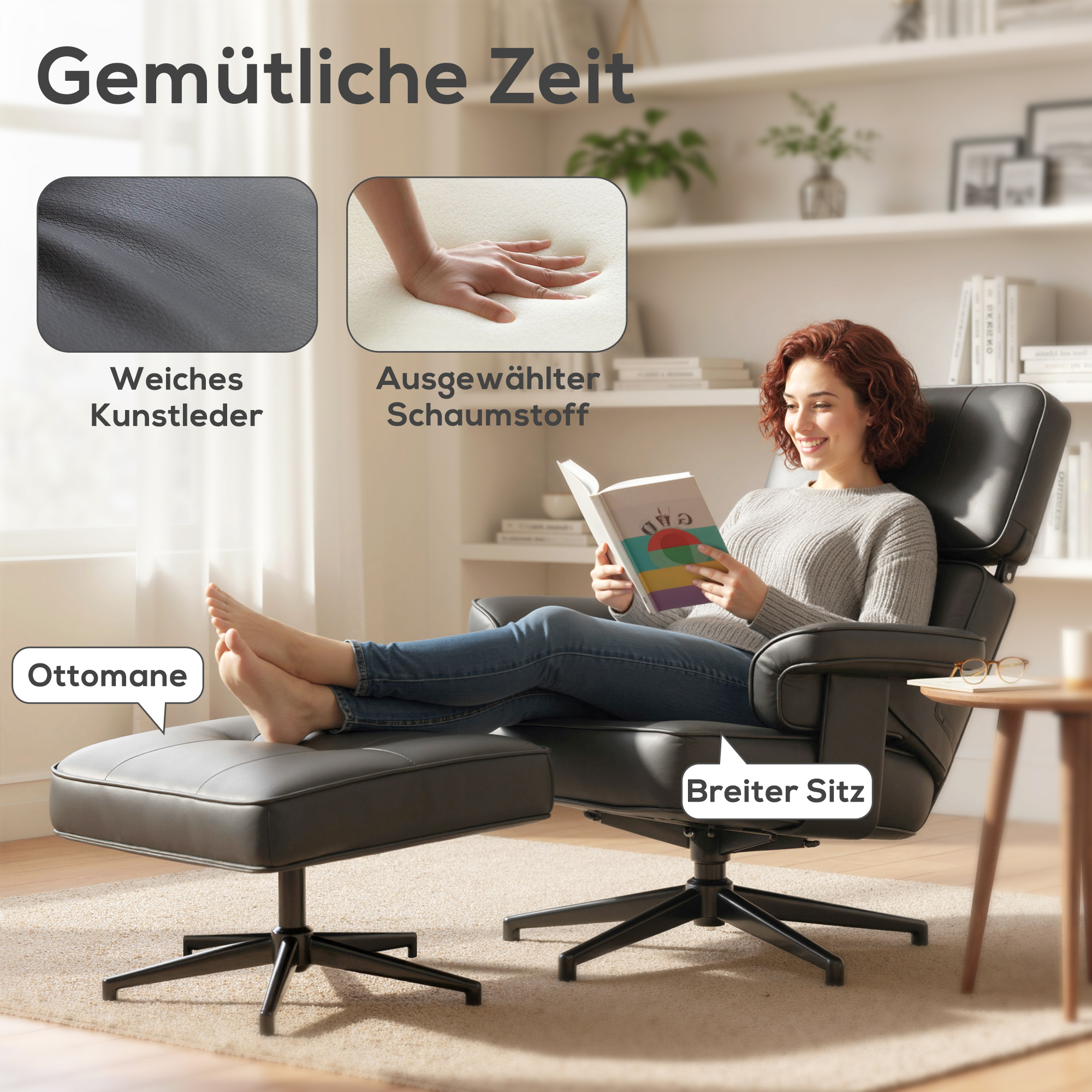 Verstellbarer Liegesessel mit Fußhocker, Kunstleder-Bezug, höhenverstellbare Kopfstütze, Metallbasis, Schwarz