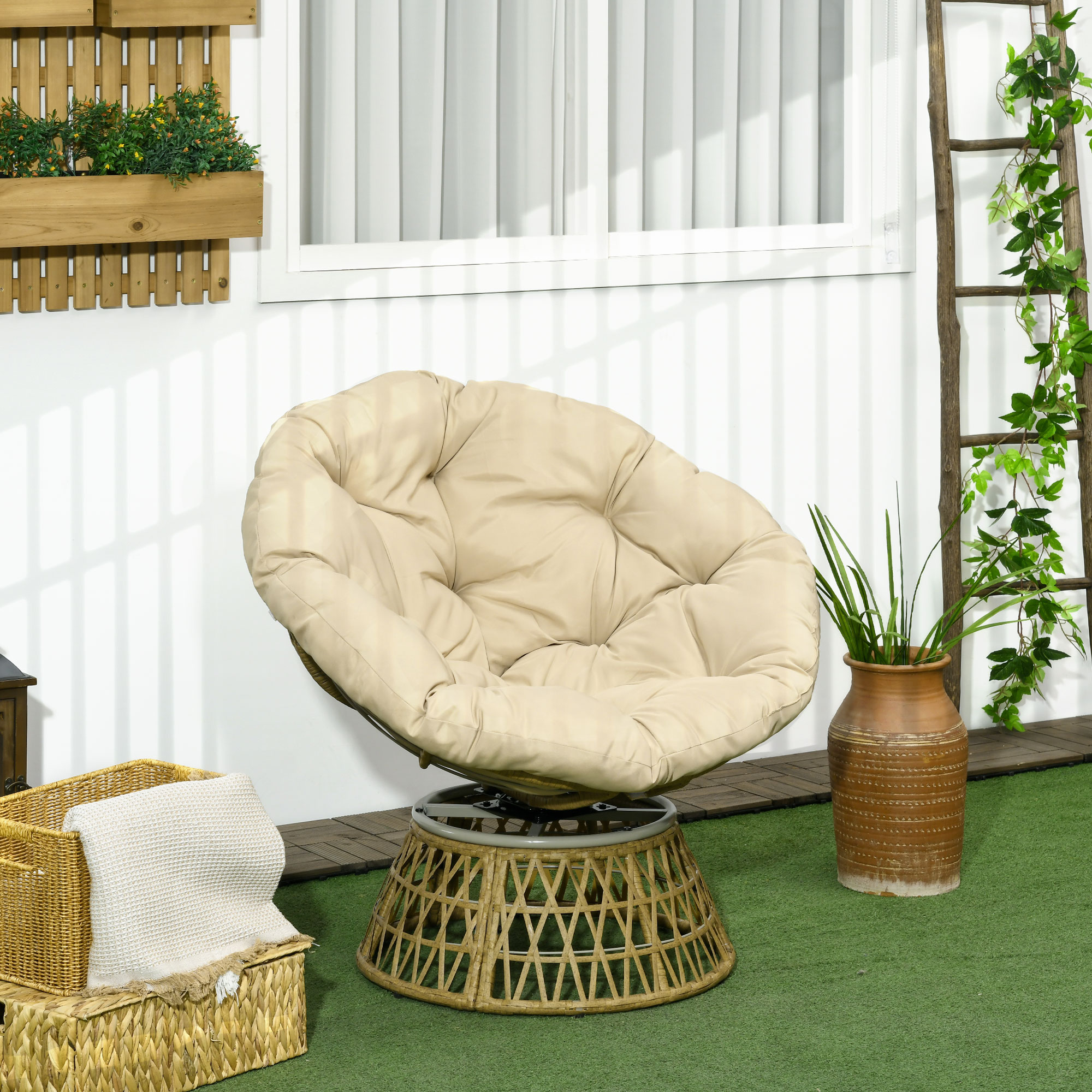 Korbsessel Rattansessel Outdoor-Sessel, Boho-Stil, wetterbeständig, 85 cm x 70 cm x 82 cm, Creme + Natur