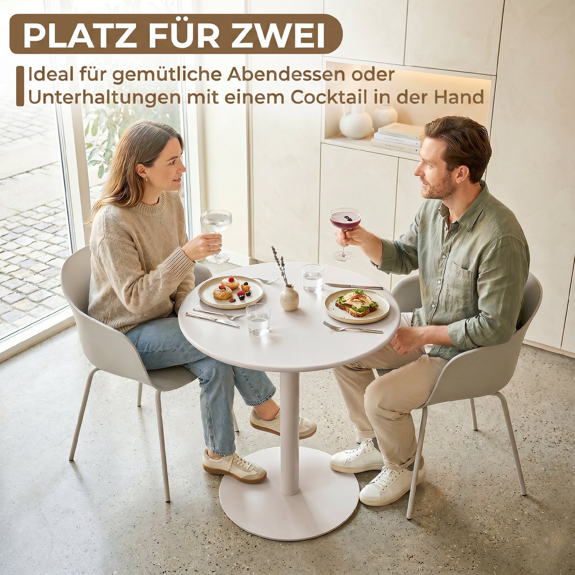runder Küchentisch für 2 Personen mit Stahlgestell, platzsparend, 60 x 60 x 72 cm, Beige