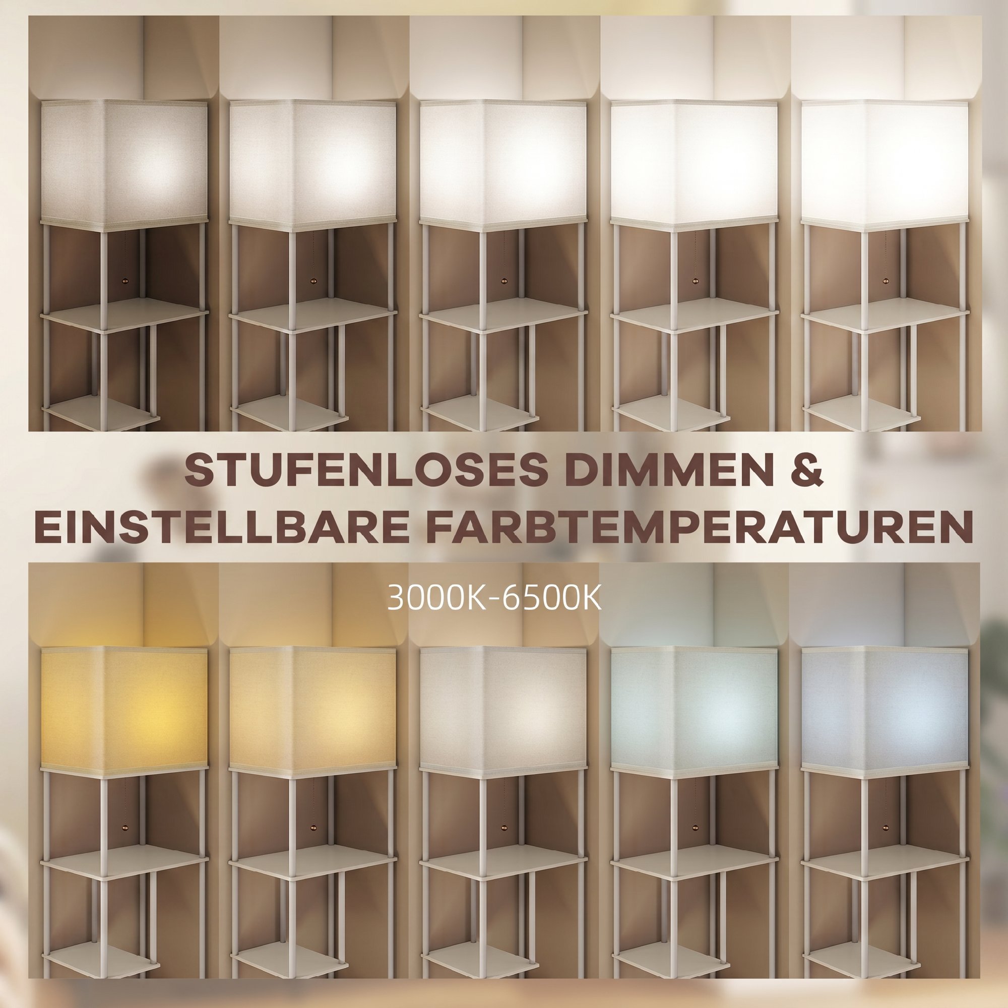 Stehlampe Stehleuchte mit Regalen, einstellbare Helligkeit & Farbtemperatur für Schlafzimmer, Büro, Wohnzimmer, Weiß