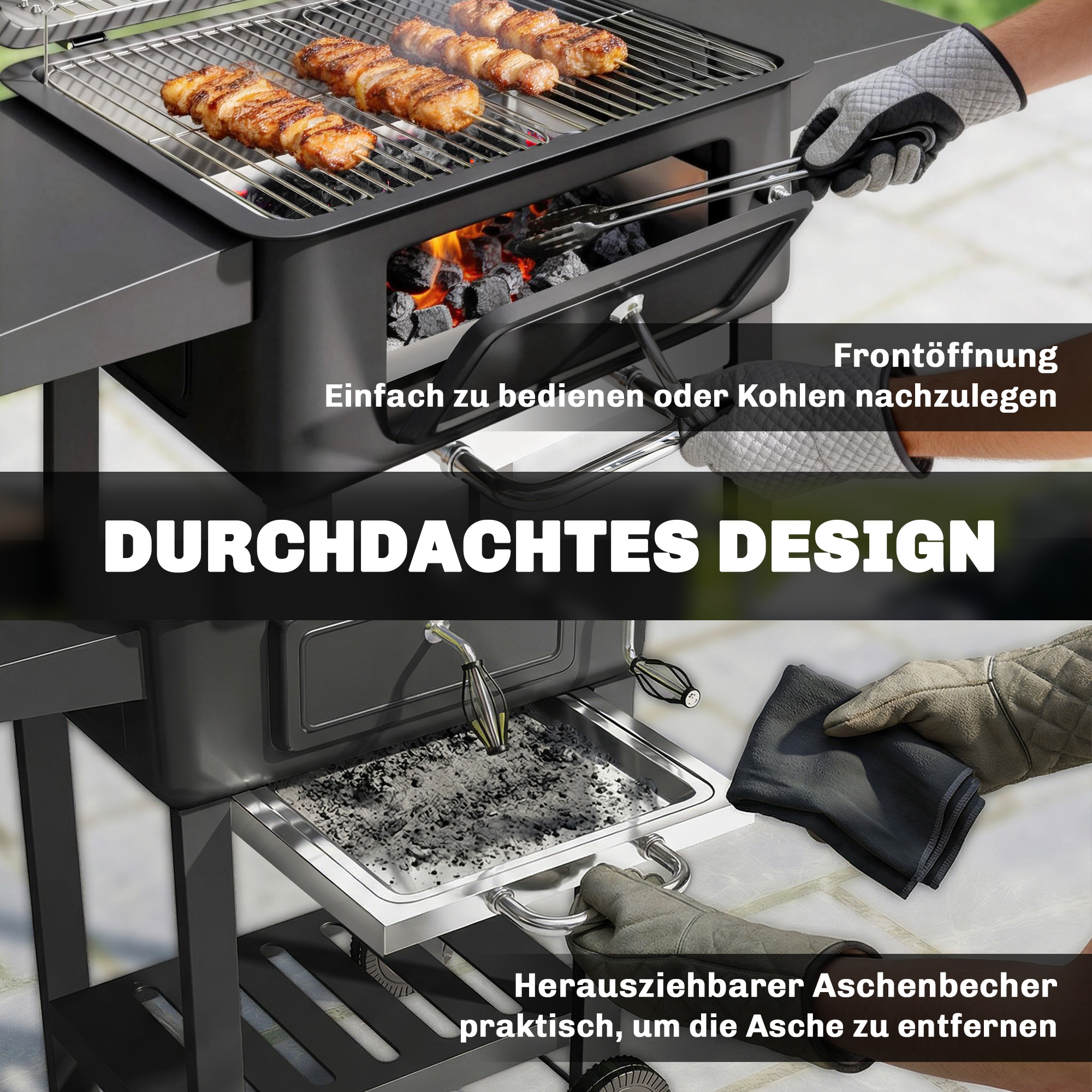 Holzkohlegrill BBQ Smoker mit Deckel Thermometer höhenverstellbar Kohlepfanne Kamin Grillrost Seitentisch Aschefach