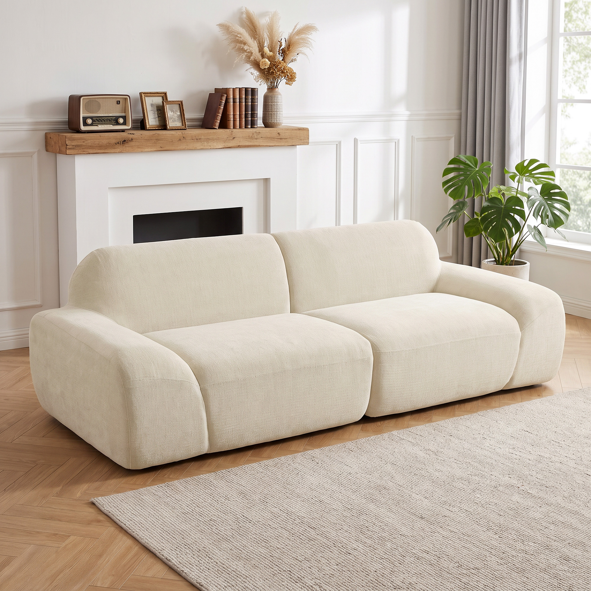 3-Sitzer-Sofa, abgerundet und rahmenlos, mit großzügiger Sitzfläche, dick gepolstert, keine Montage, cremeweiß