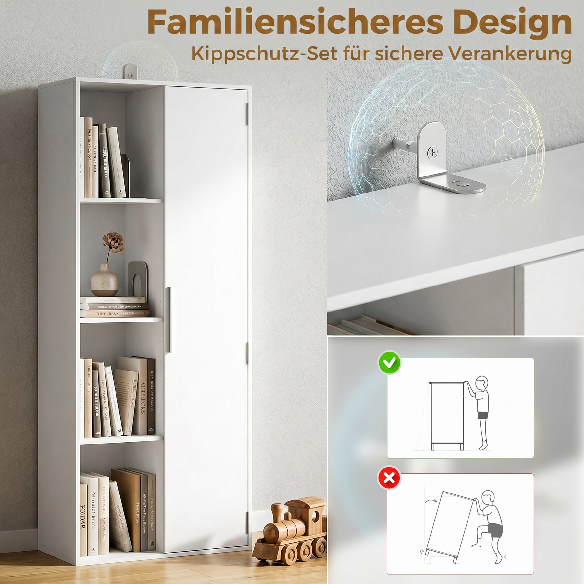 4-stöckiges Bücherregal mit verstellbaren Regalböden, Regal mit Schrank und Türen für Wohnzimmer, Arbeitszimmer, Weiß