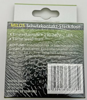 MILOS Schutzkontakt-Steckdose, weiß matt, 250V~/ 16A, inkl. Rahmen, Klemmanschluss