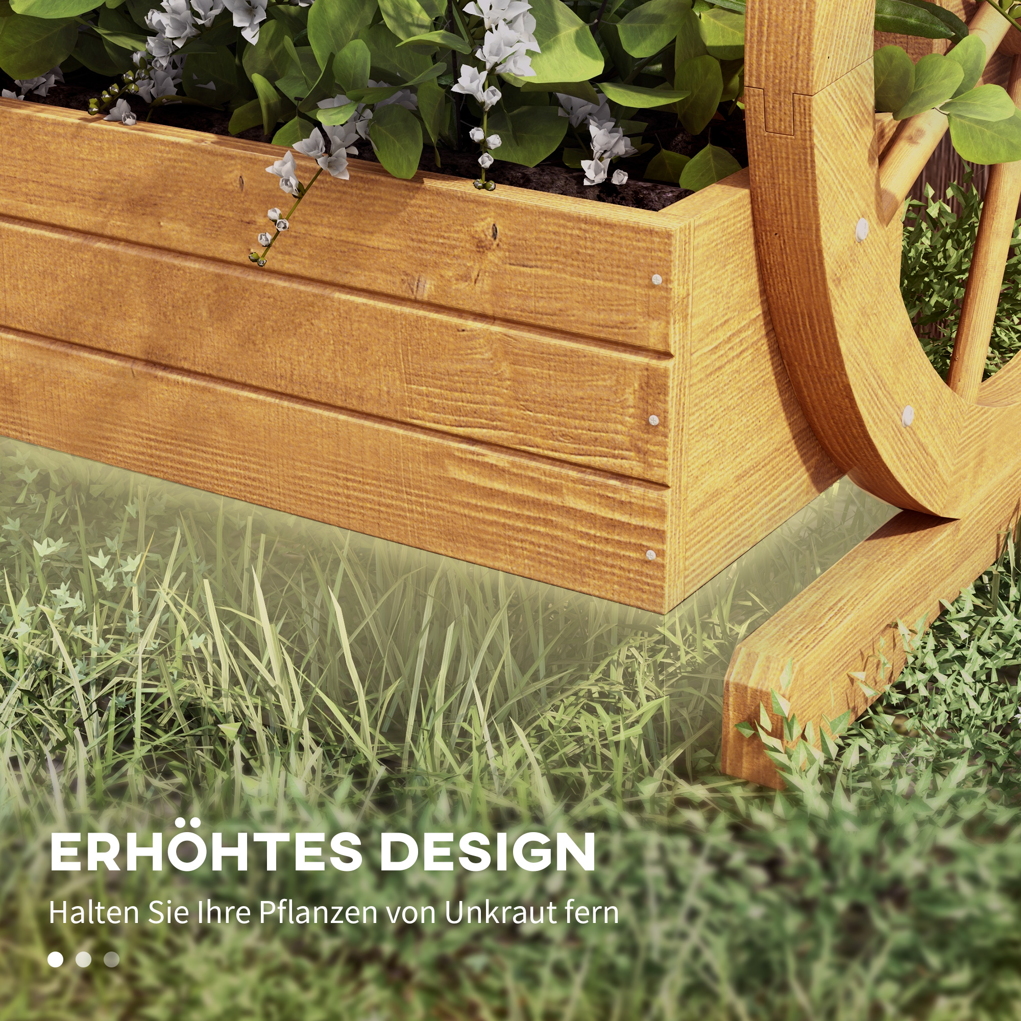 Hochbeet, 3 Etagen, Wagenrad-Dekor, Naturholz, 62 x 61 x 57 cm