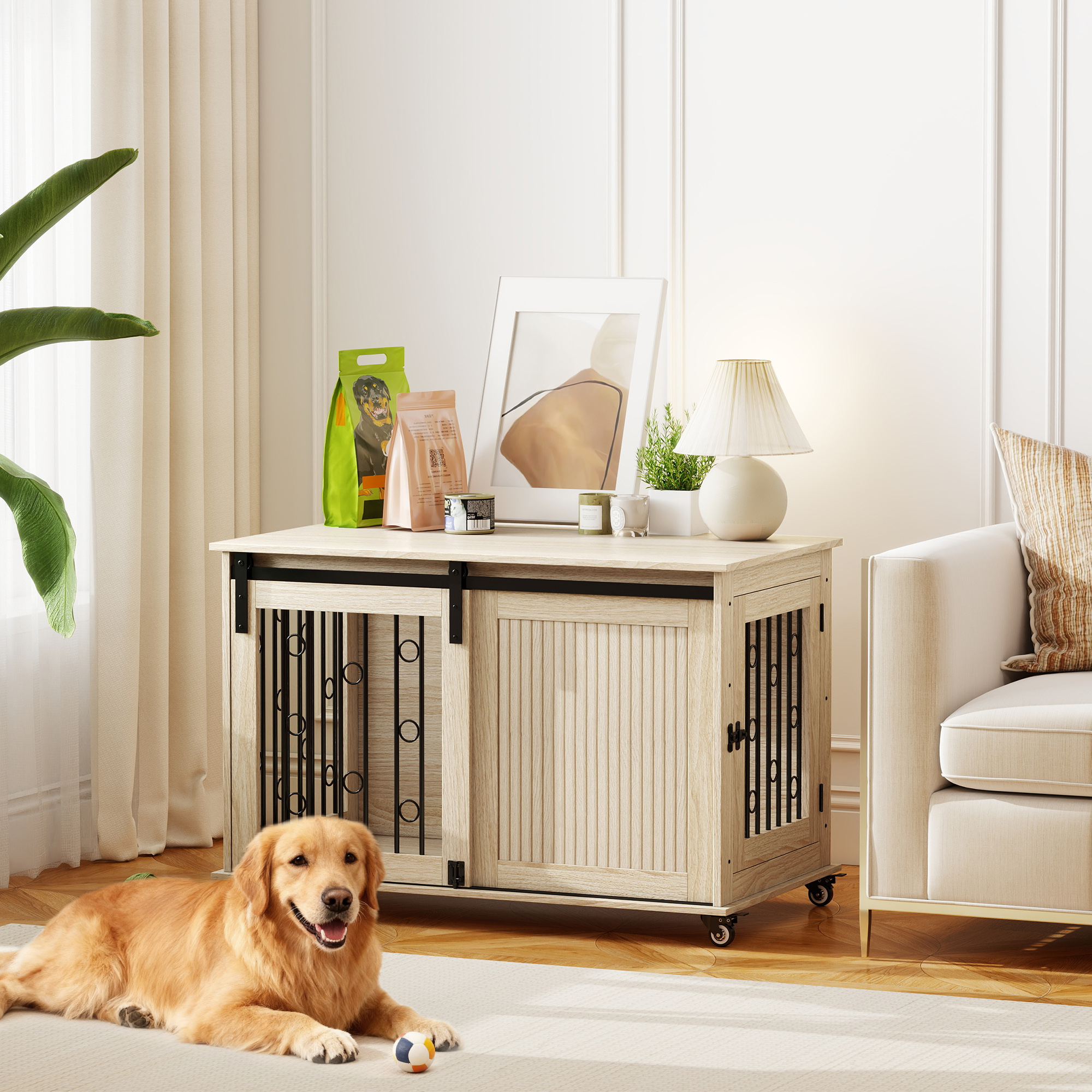 Hundebox auf Rädern, Schiebetür, 100 x 56 x 65 cm, Holz, Stahl