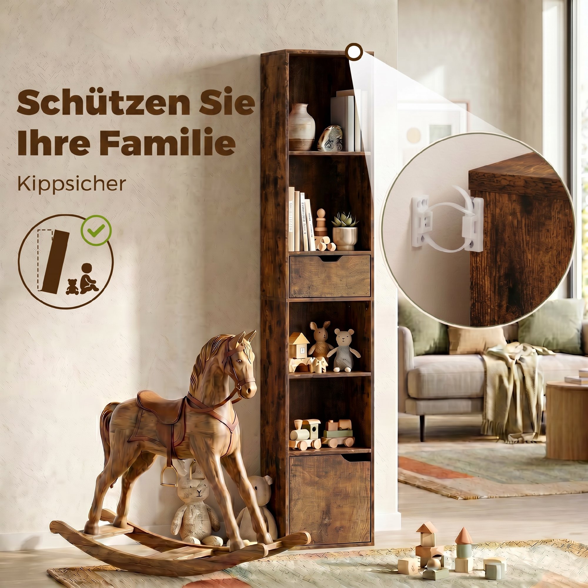 Bücherregal mit 6 Ebenen, 3-stufig verstellbar, mit Schublade, Schranktür, anpassbares Regal, Ausstellungsregal, Braun
