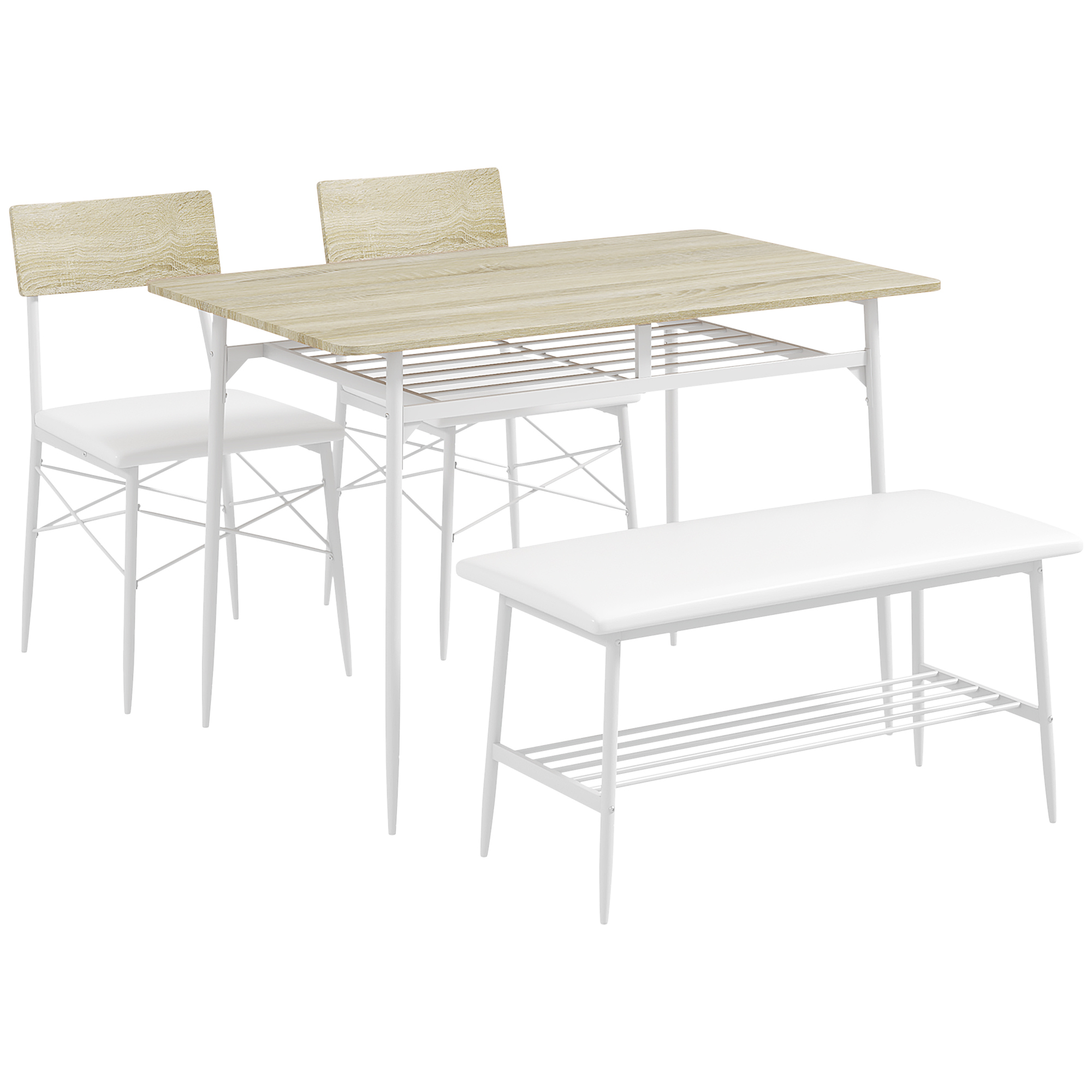 4-teiliges Esstisch-Set mit Stühlen und Bank für 4 Personen, gepolsterte Sitze, Stahlrahmen, Holz, Eiche