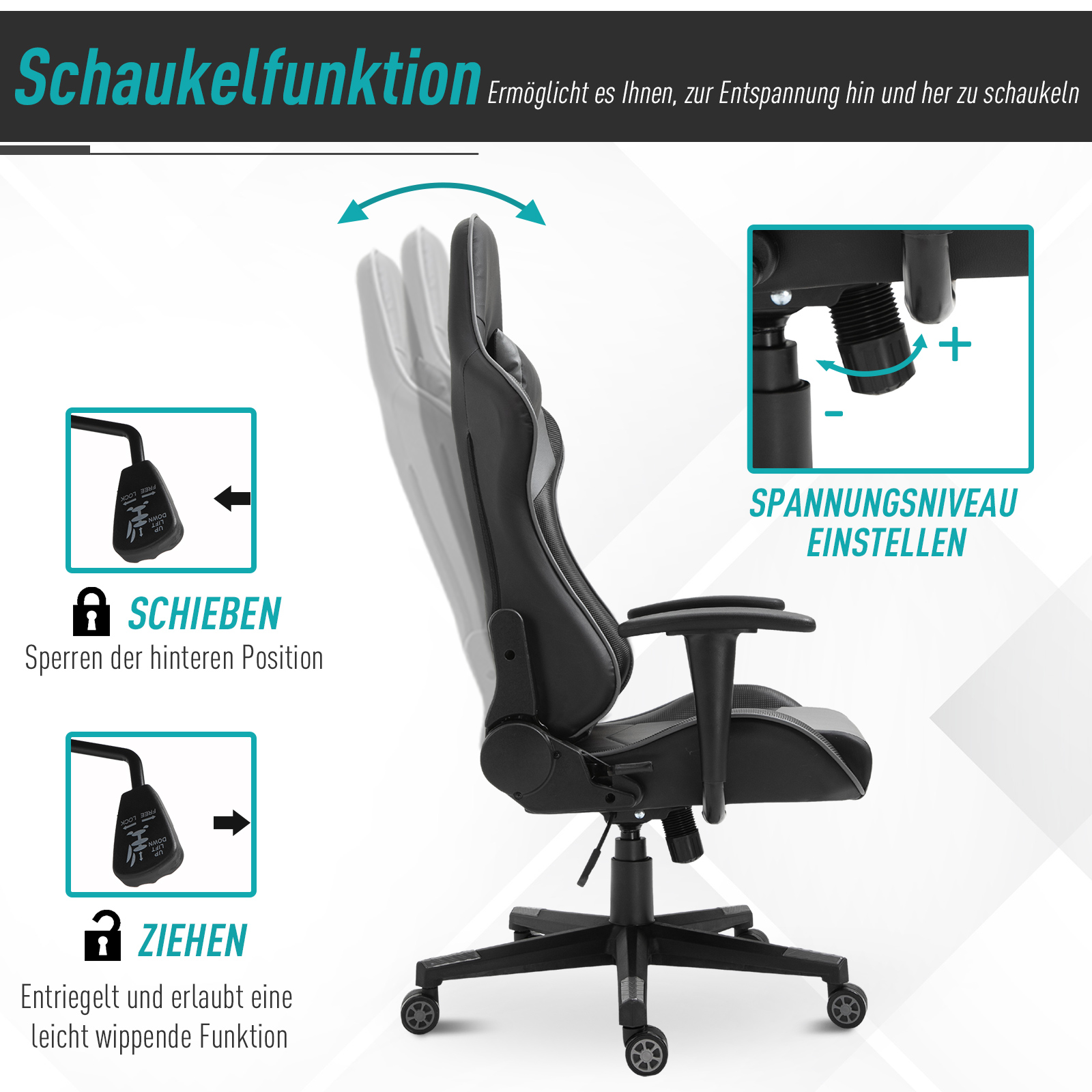 Ergonomischer Bürostuhl, Gaming Stuhl, Drehstuhl, Kunstleder, Schaumstoff, Schwarz, 67,5 x 74x 126-136 cm