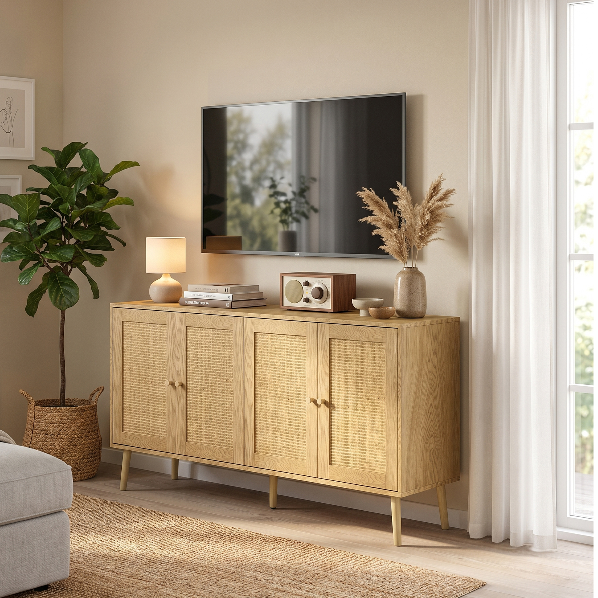 Rattan Sideboard mit 4 Türen, Boho Küchenbuffet mit 2 verstellbaren Einlegeböden, Holzoptik natur