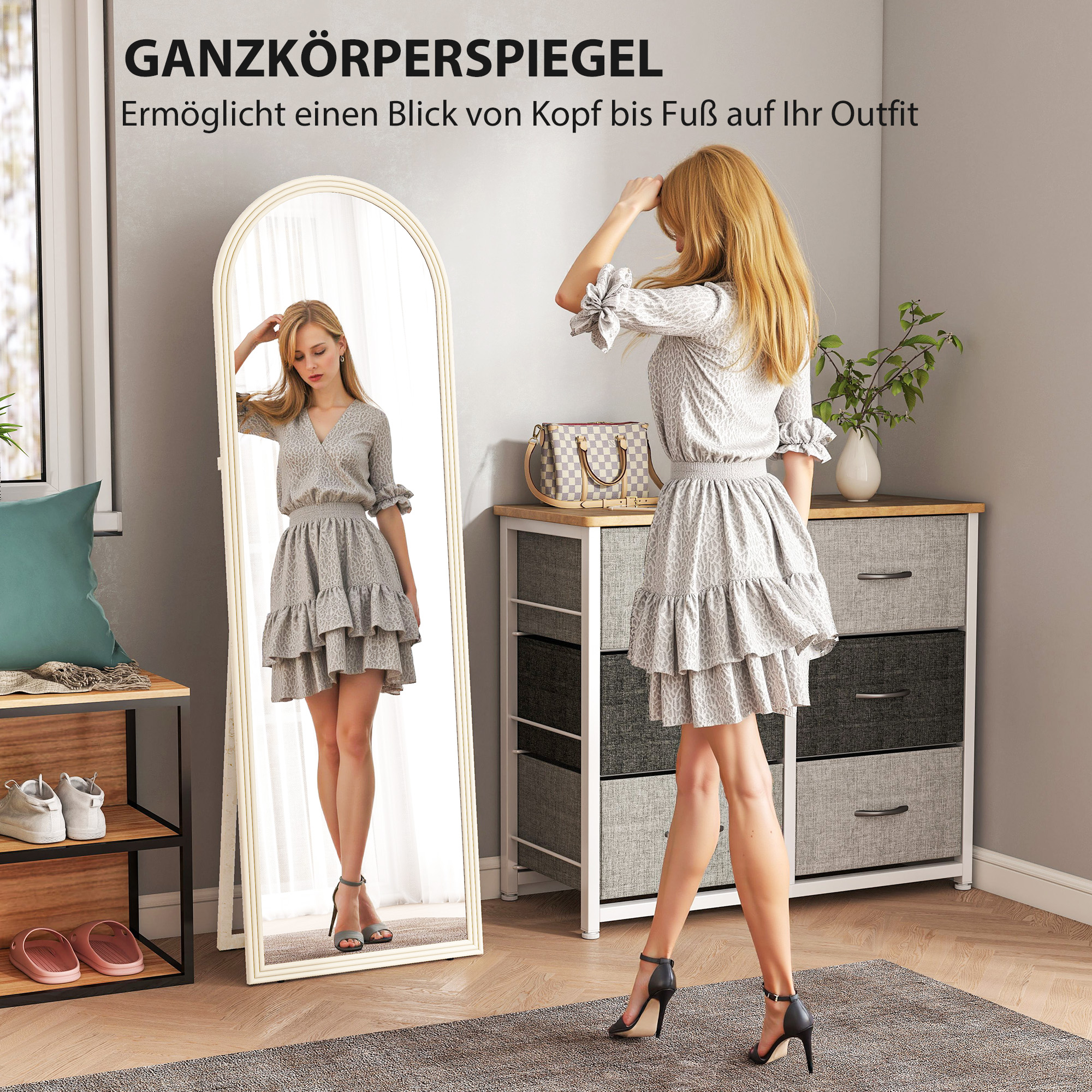 Ganzkörperspiegel, 50 x 160 cm, freistehend, Wandmontage, Bogenrahmen, Weiß