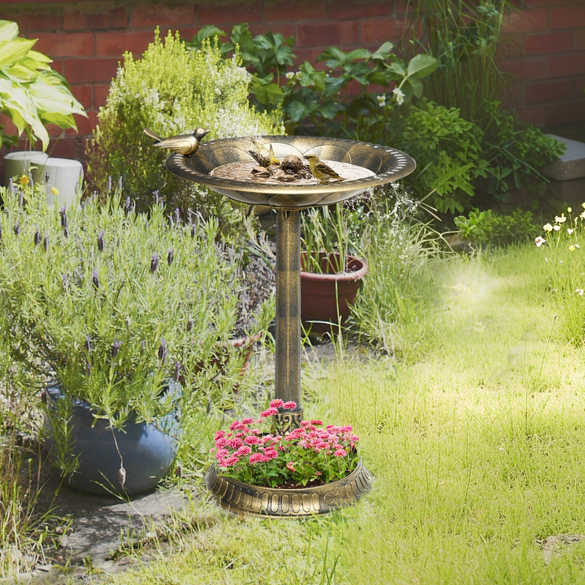 Vogeltränke, Vogelbad mit Statue, Blumenmuster, 2 Becken, Kunststoff, antiker Look, 50B x 72H cm, Bronzefarben