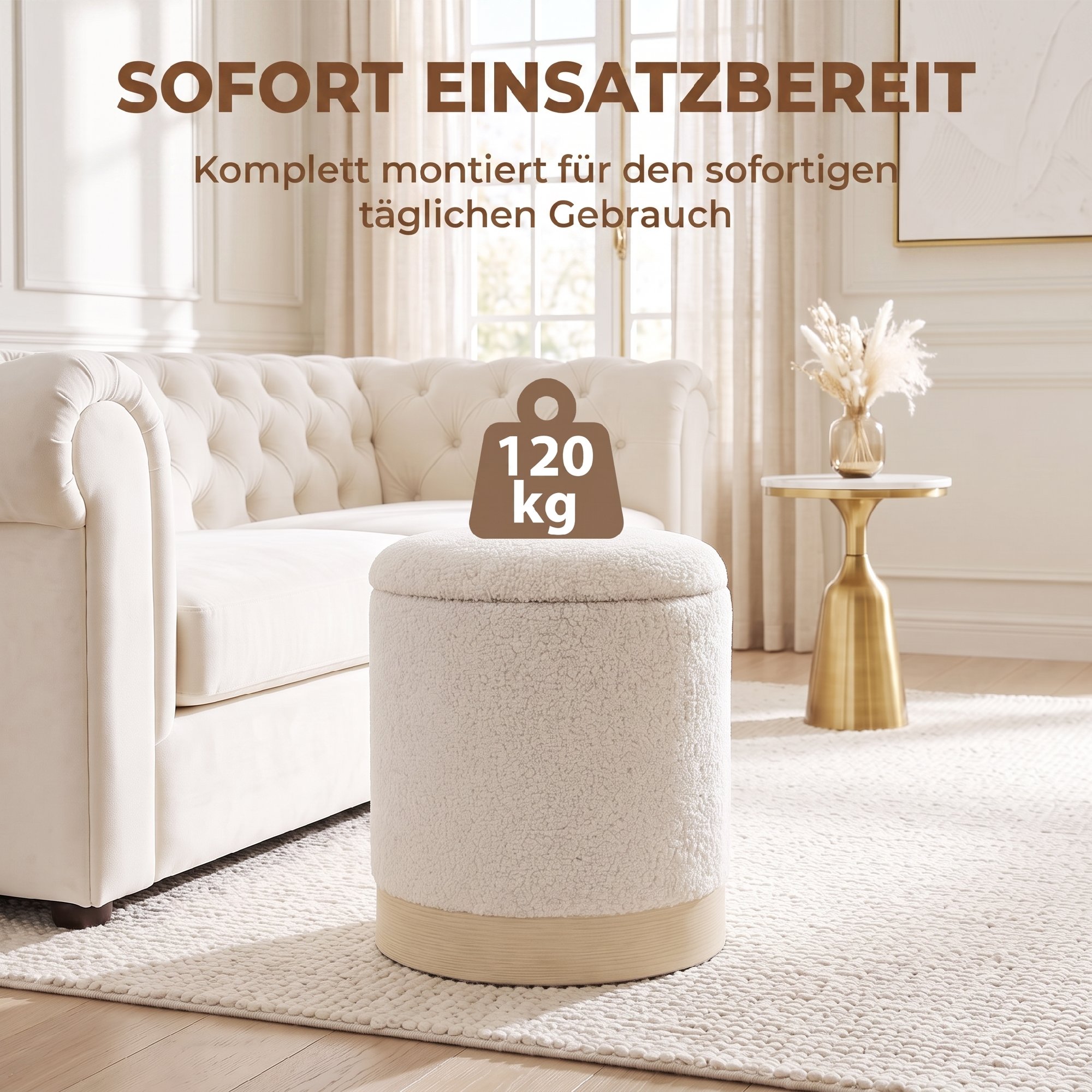 38 cm Rundhocker mit Sherpa-Bezug, Aufbewahrung und Holzoptik-Metallfuß, Cremeweiß