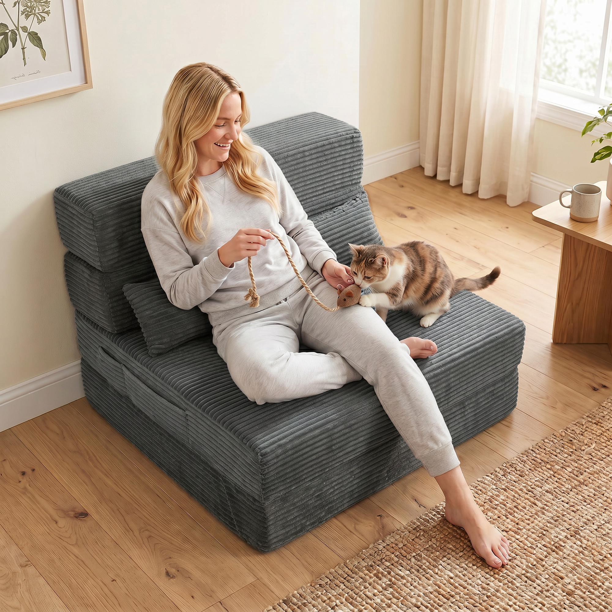 Bodenstuhl mit Rückenstütze, Cord Boneless Cloud Faltbares Schlafsofa mit dickem Polster, Dunkelgrau