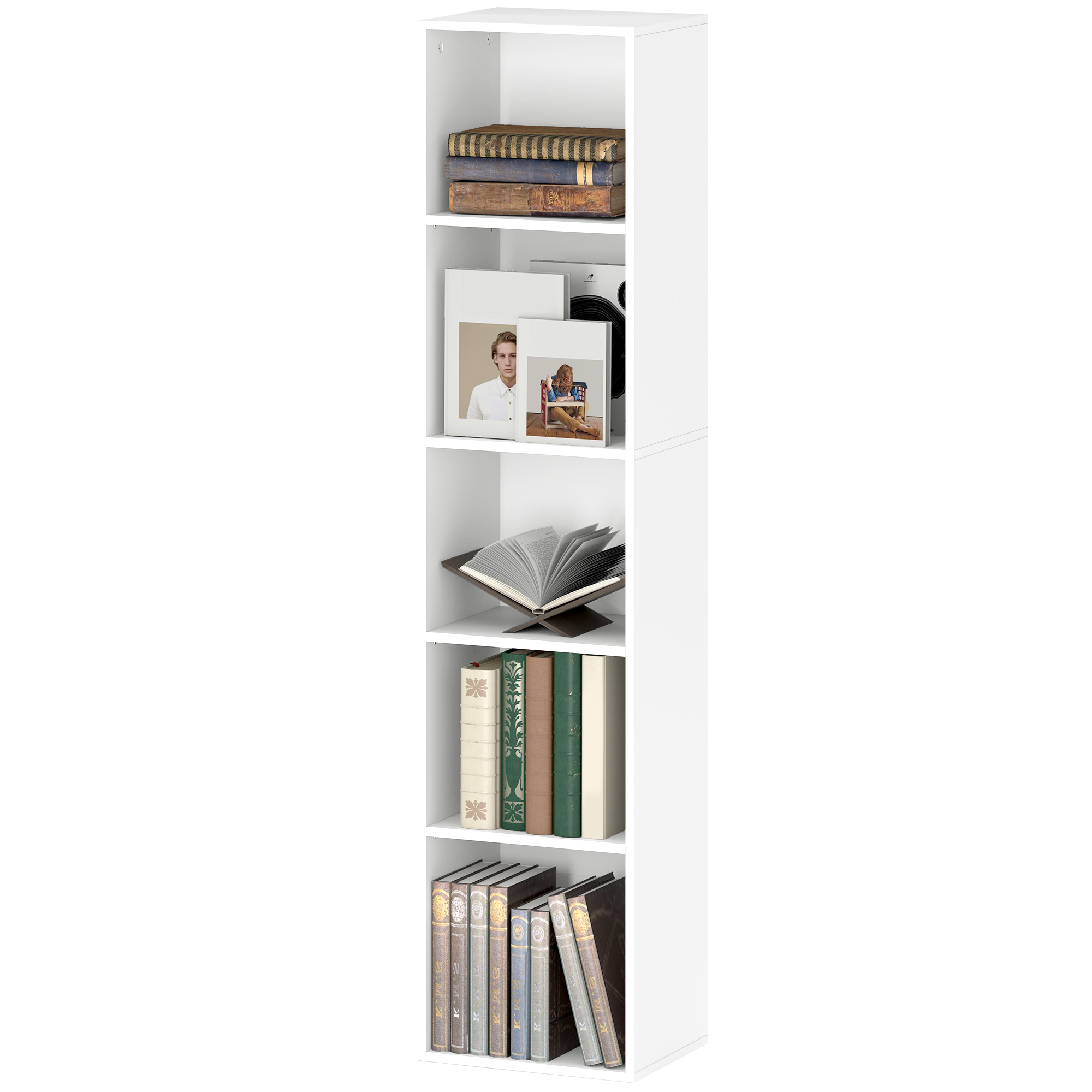 Bücherregal, 5 Fächer, verstellbare Regale, Holz, 30 x 24 x 133,5 cm, Weiß Bücherregal, 5 Fächer, verstellbare Regale, Holz, 30 x 24 x 133,5 cm, Weiß