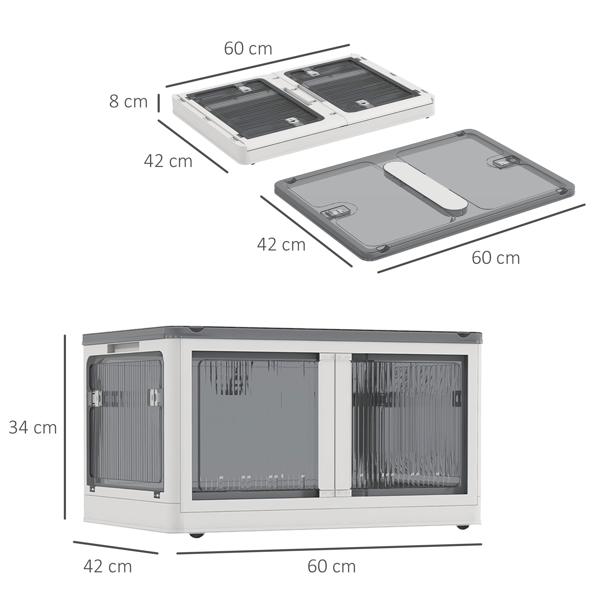 Aufbewahrungsbox, 3er-Set, klappbar, mit Rollen, 60 x 42 x 34 cm, Weiß