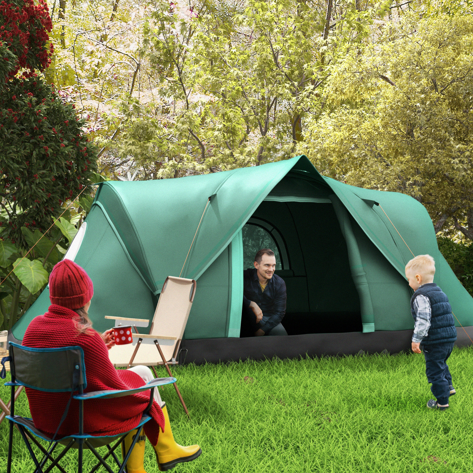 Campingzelt für 5-6 Personen, Familienzelt, Lampenhaken, Seitentaschen, 4,55x2,3x1,8m, Grün/Schwarz