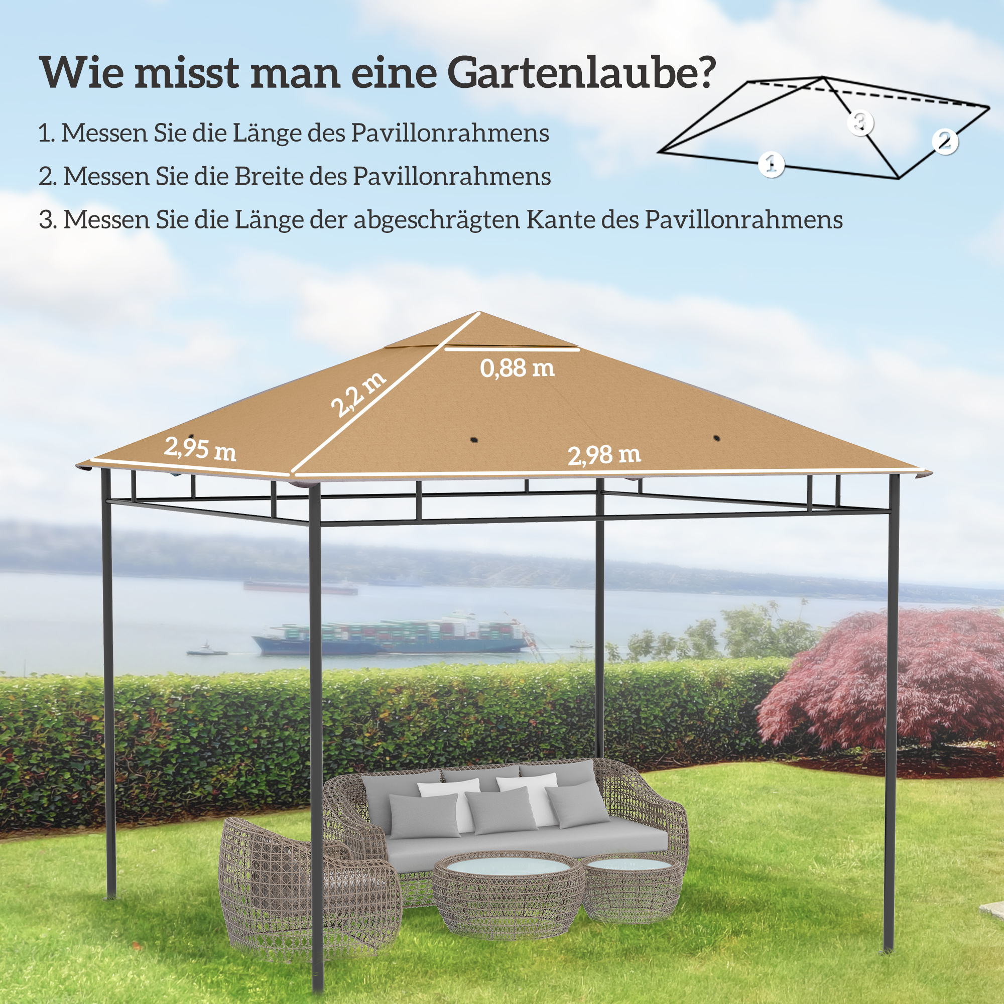 Ersatzdach für Gartenpavillon, Polyester, 2,98 x 2,95 m, Beige