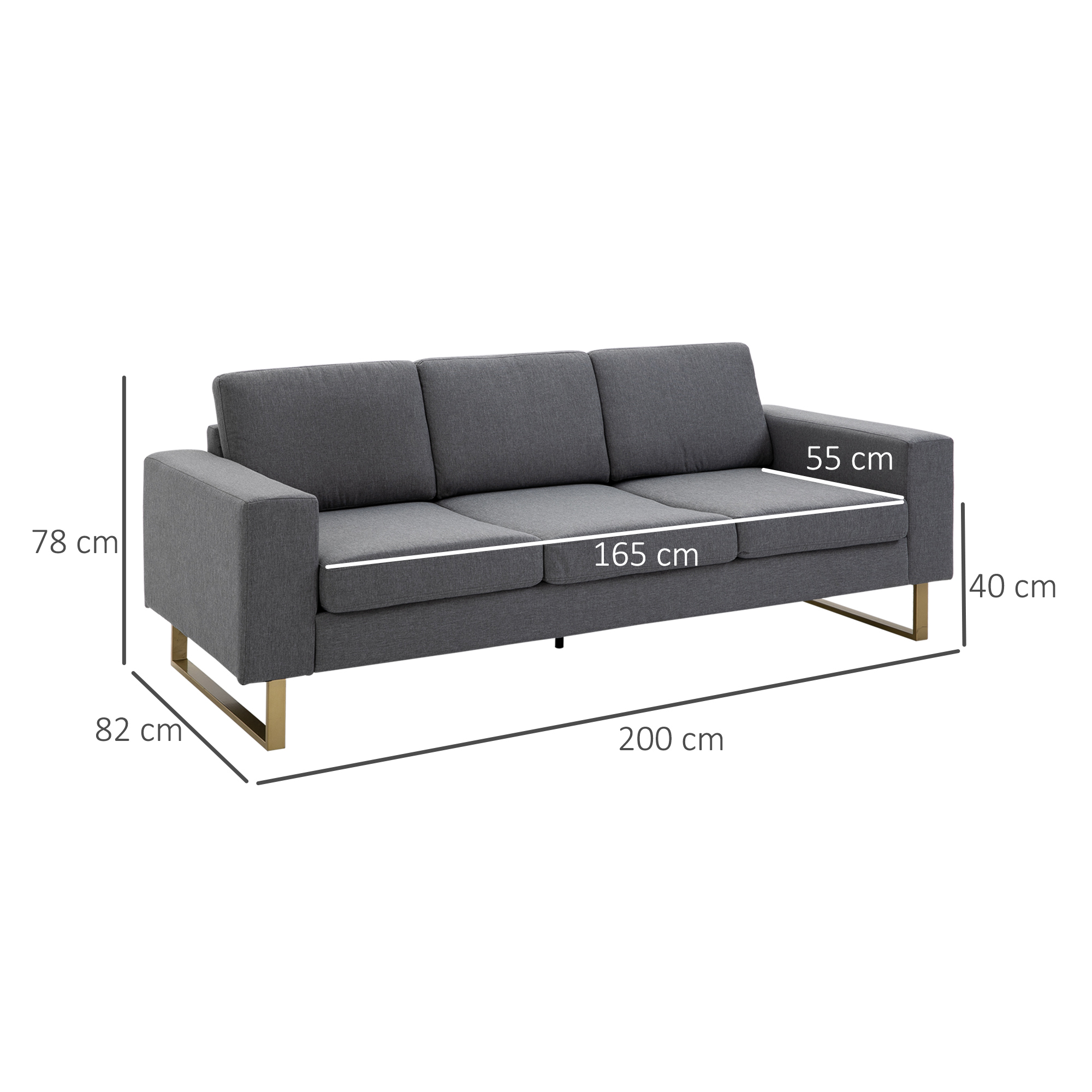3 Sitzer Sofa Dreisitzer Stoffsofa mit Kissen Armlehne Leinenoptik für Schlafzimmer 200 x 82 x 78 cm Dunkelgrau