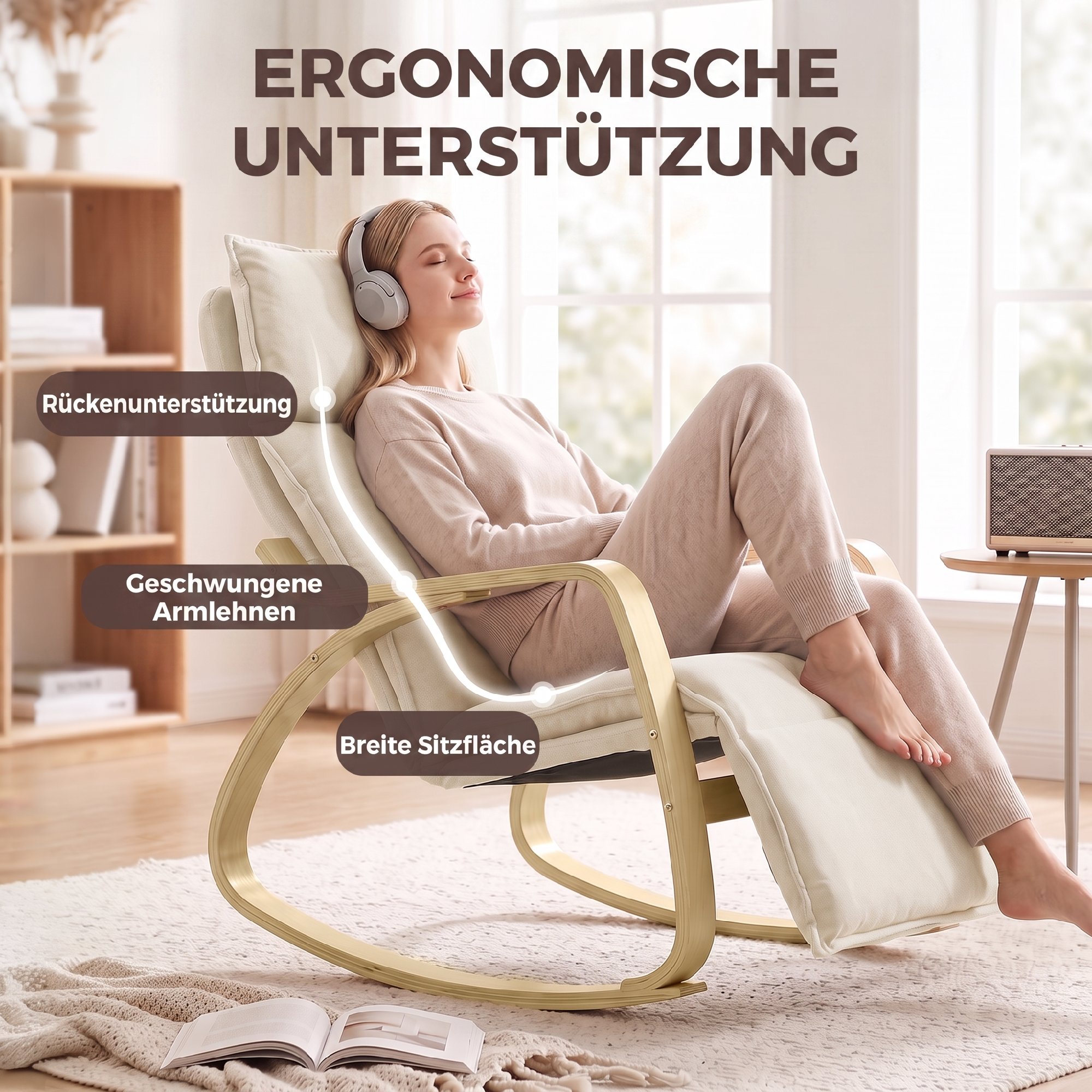 Schaukelstuhl in Leinenoptik mit 5-fach verstellbarer Fußstütze und Leinenoptik, für Wohnzimmer, Cremeweiß