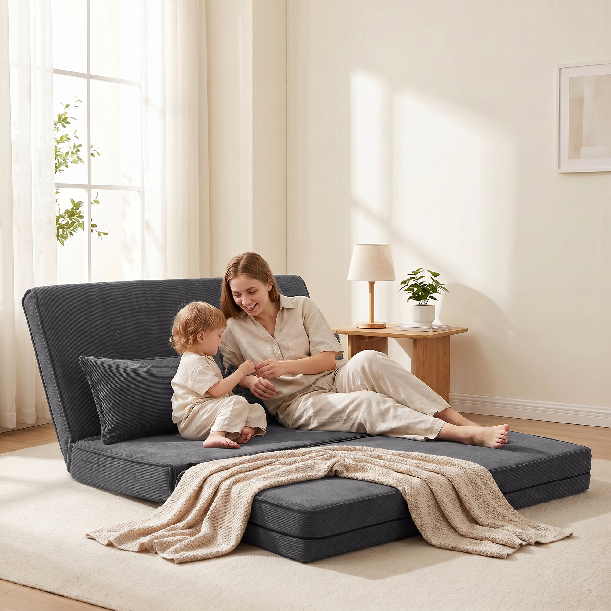 Bodenstuhl mit Rückenlehne, Cord-Klappsofa als Gästebett, Verstellbare Rückenlehne, Breiter Sitz, Dunkelgrau