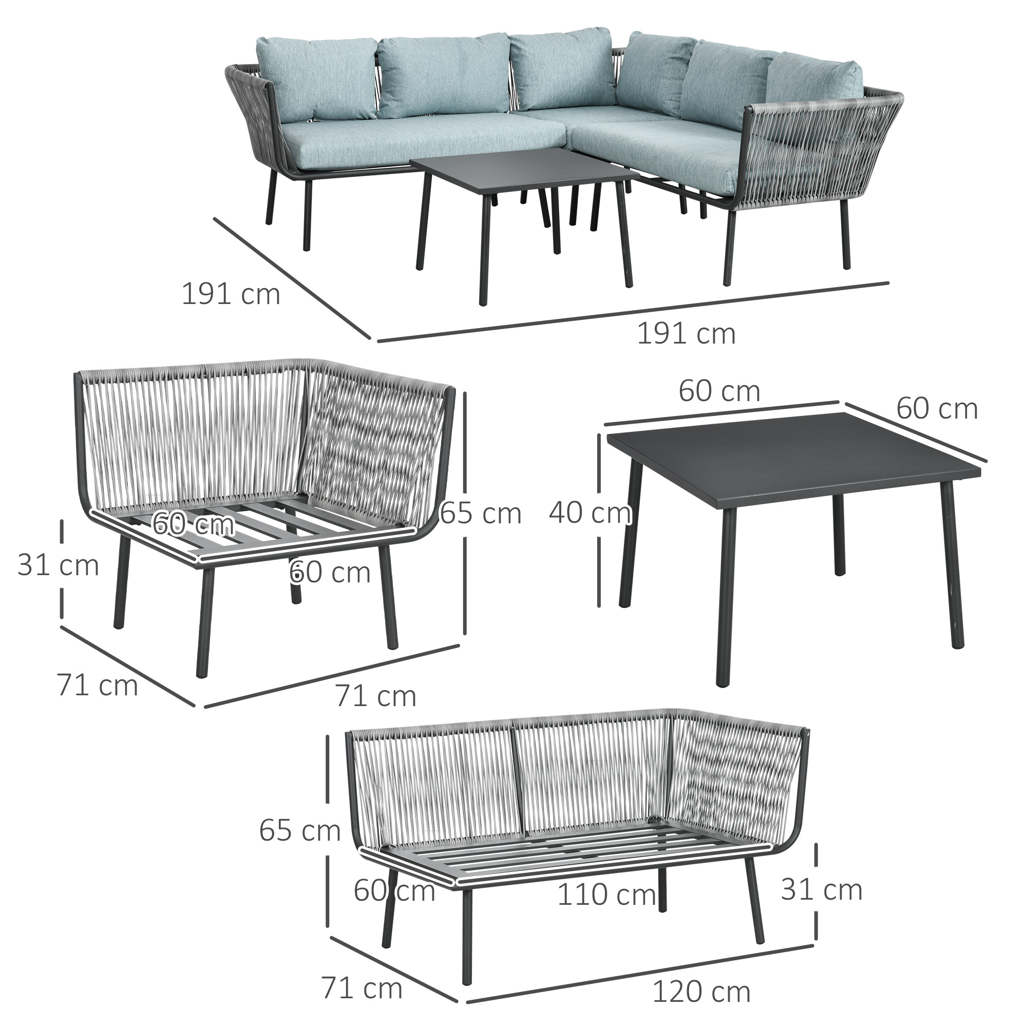 Rattan Gartenmöbel-Set für 4 Personen Sitzgarnitur mit Kissen für Balkon Alu Grau
