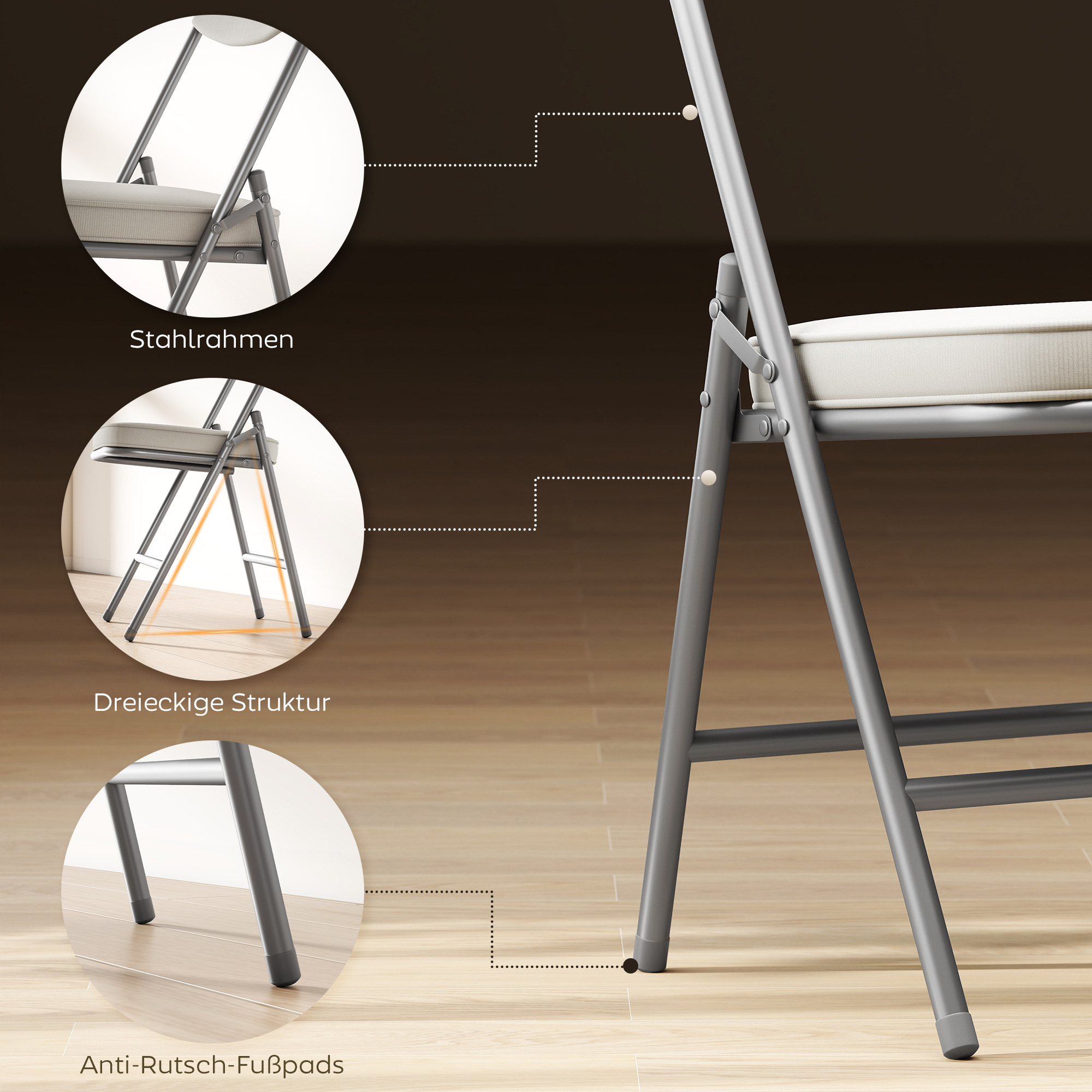 4er-Set gepolsterte Klappstühle, Faltbare Stühle mit Cordbezug, Rückenlehne, Metallrahmen, Cremeweiß